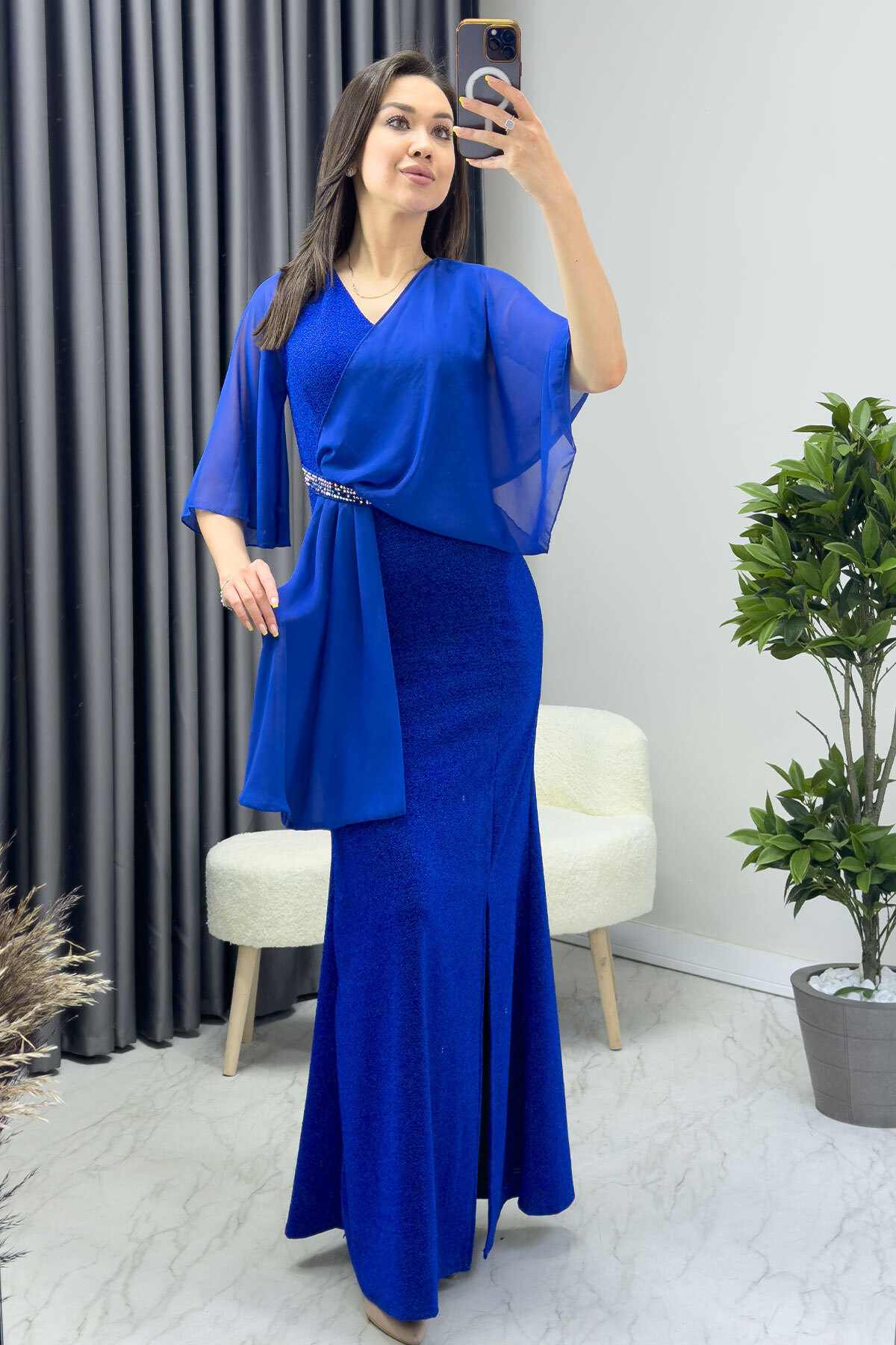 Women's Short Sleeve Glitter Long Stone Detailed Plus Size New Season Evening Dress Burgundy, Gray, Saxe, Green