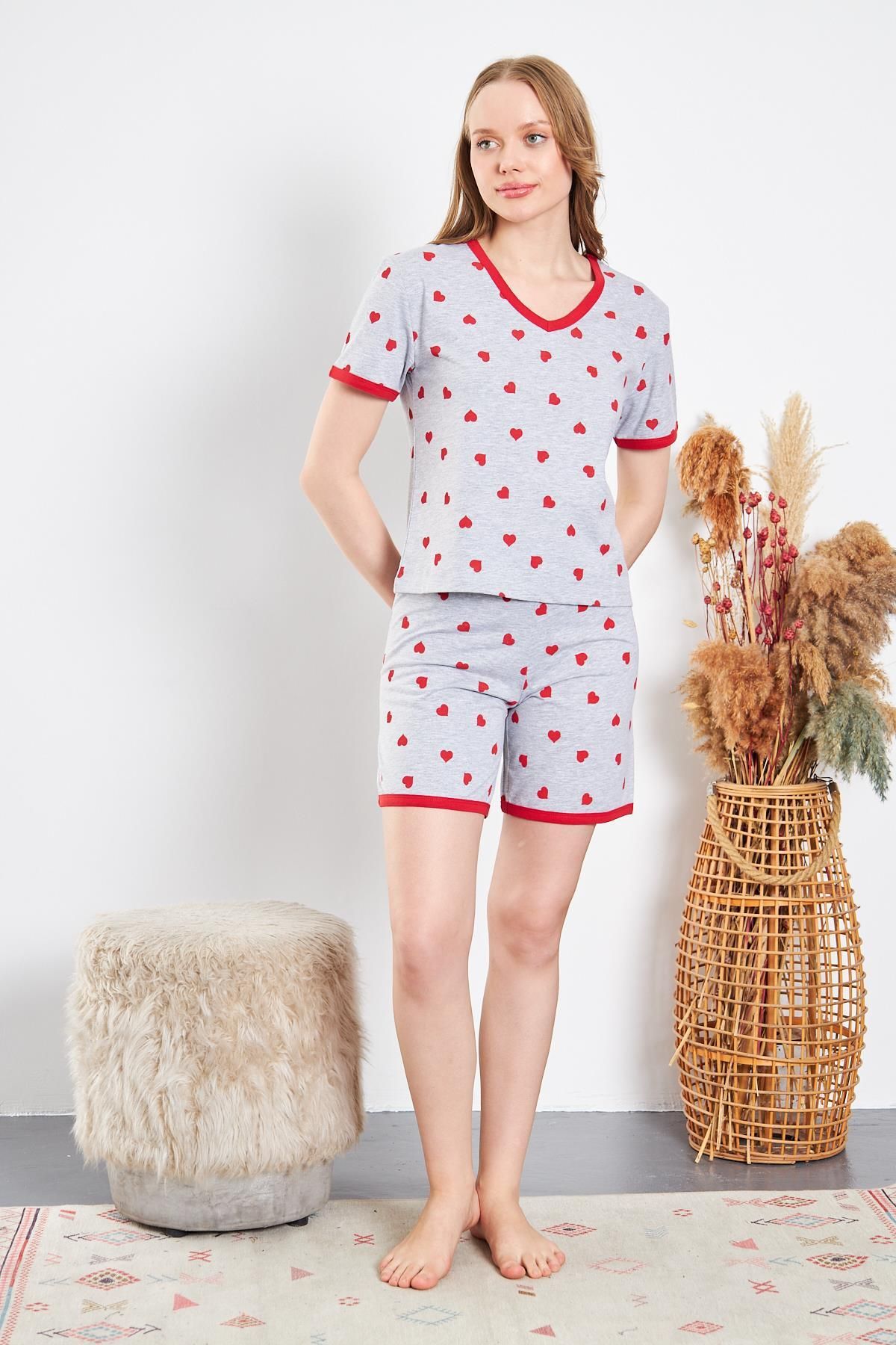 LİVE SPORT Set De Pijama Tricotat Din Bumbac Heart - Tricou Cu Pantaloni Scurți Pentru Damă, Imprimat Metraj Femeie - L