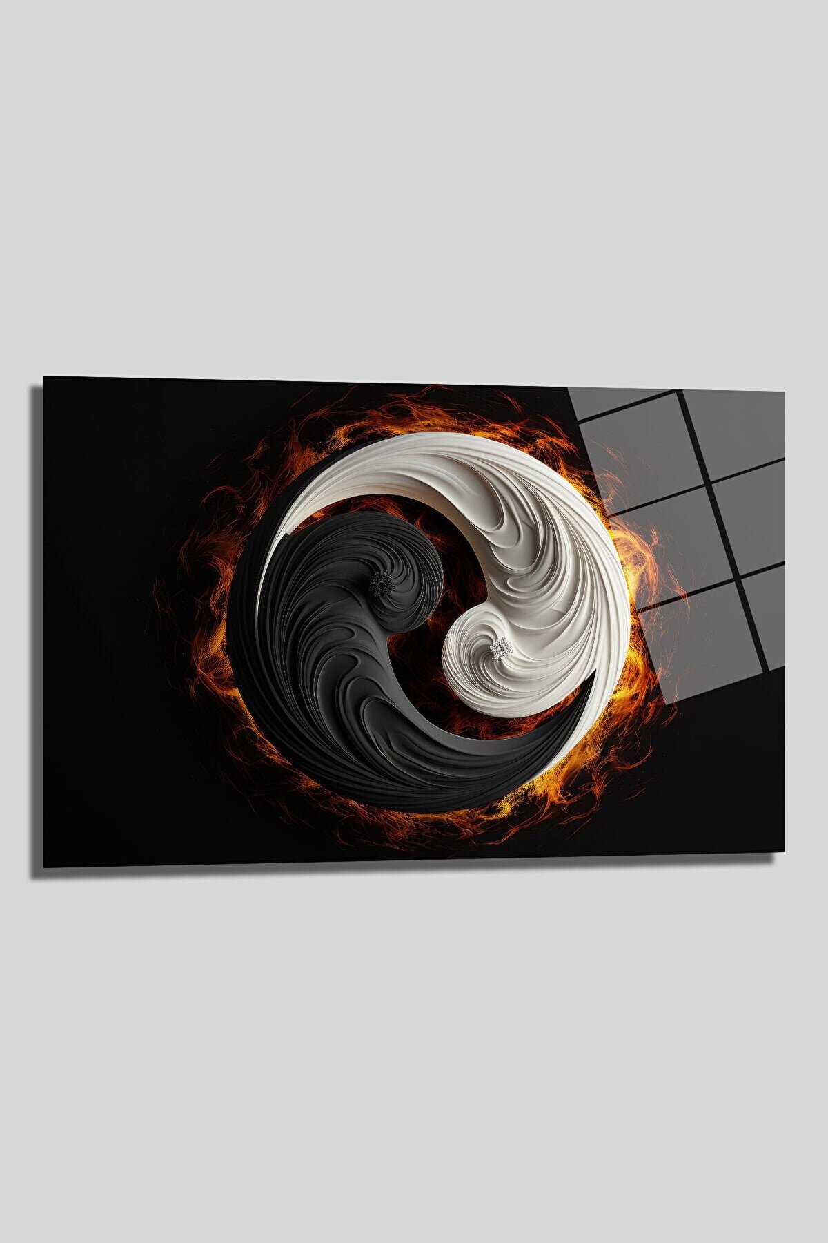 Flaming Ying Yang Decorative Horizontal Glass Table, Home, Office Decoration