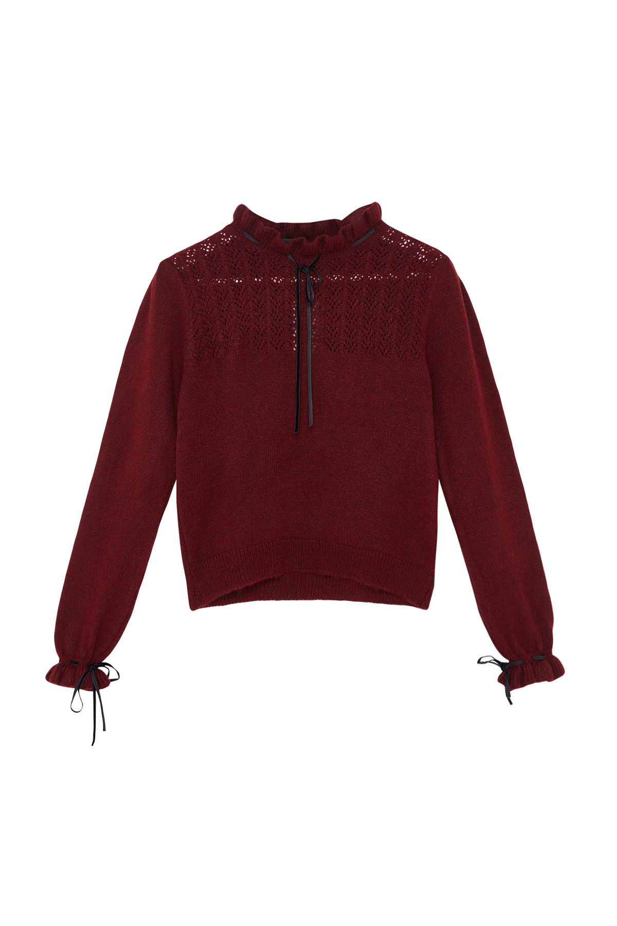 Trendyol Collection-Sweter z dzianiny Claret Red - miękka faktura, ażurowe zdobienia i kokarda Twoaw21Kz2355 6