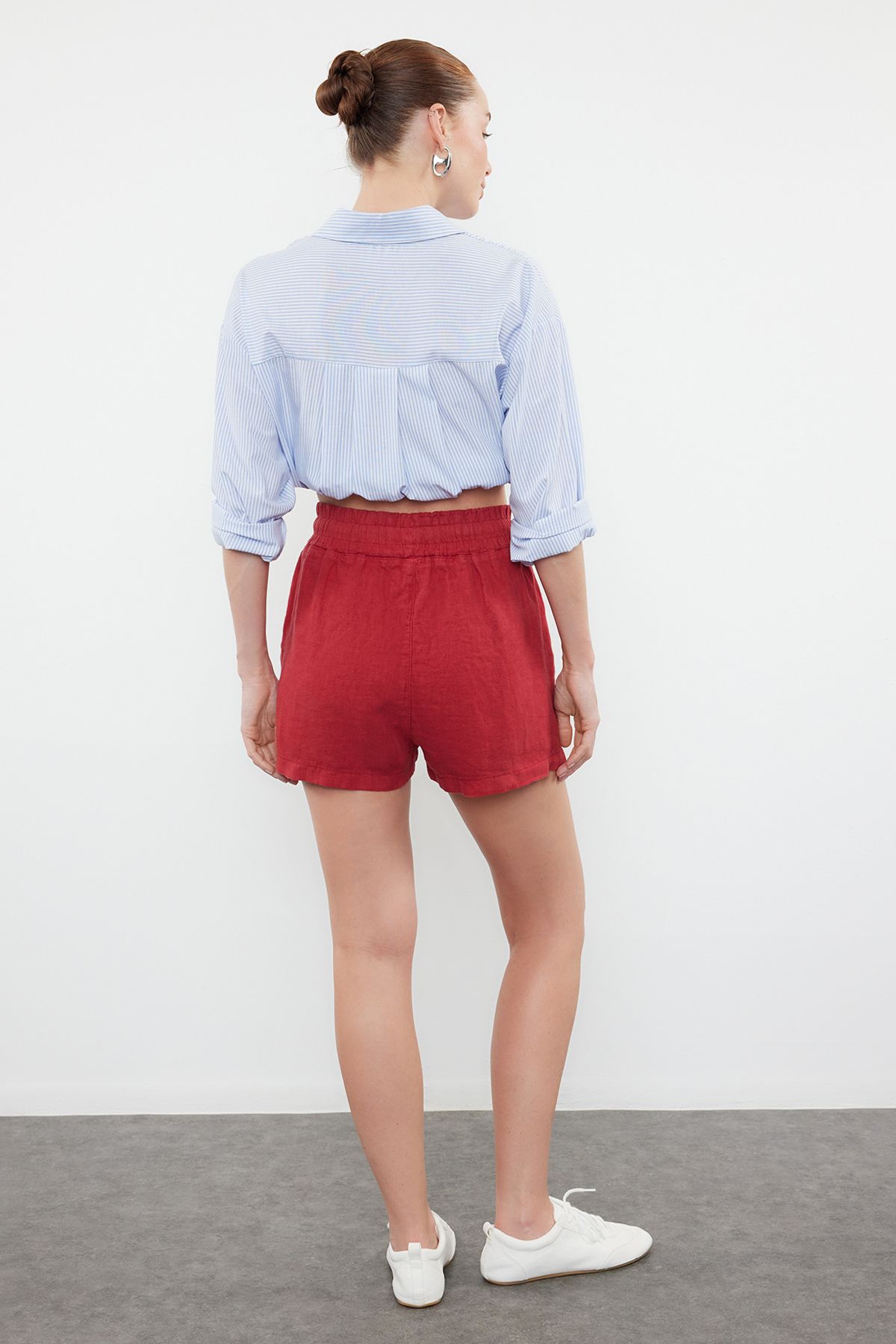 Trendyol Collection-High Waist Red Linen Shorts - Elastic, 100% Linen, TWOSS23SR00319 9