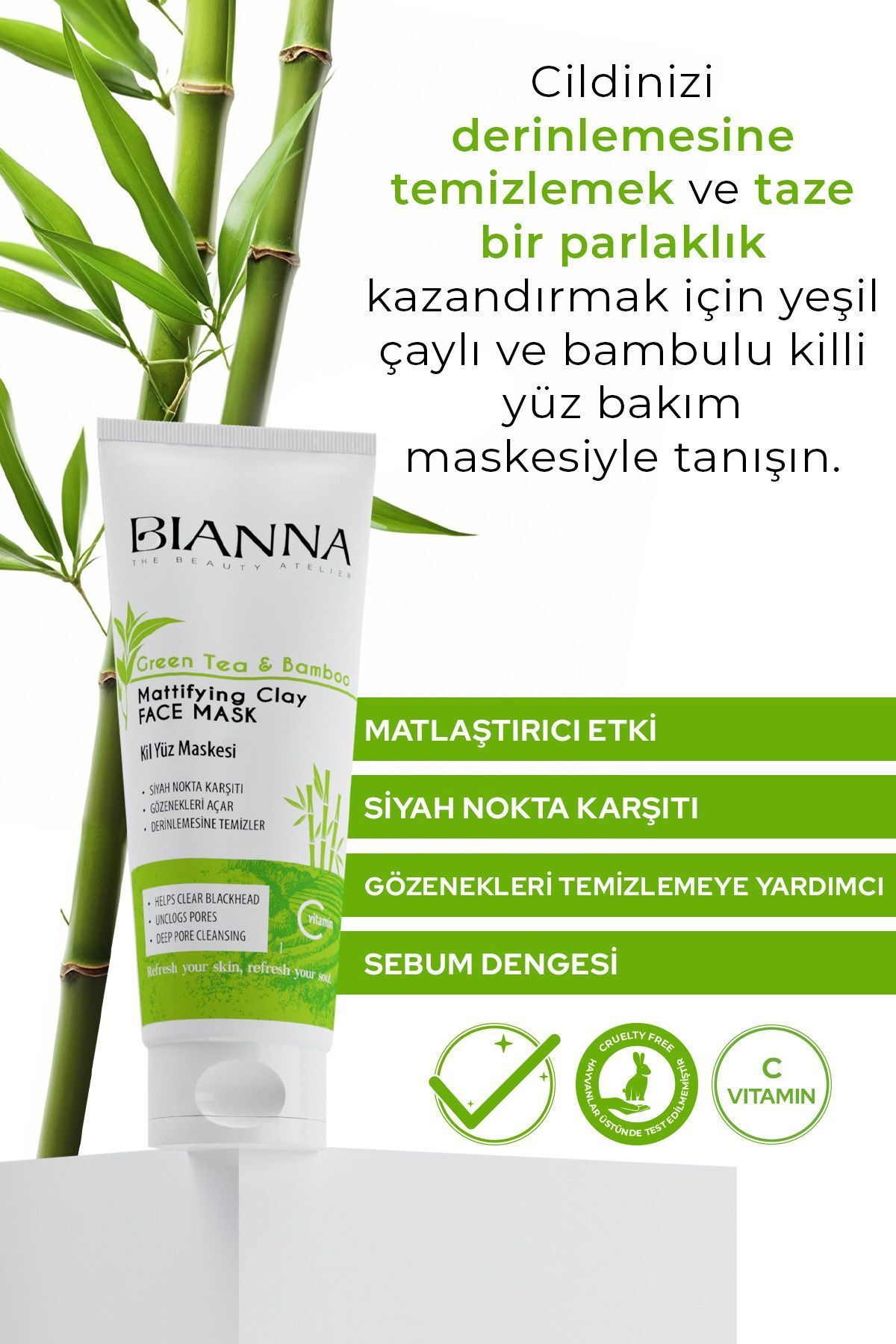 ماسک خاک رس چای سبز و بامبو با ویتامین C 200 میلی لیتر Bianna