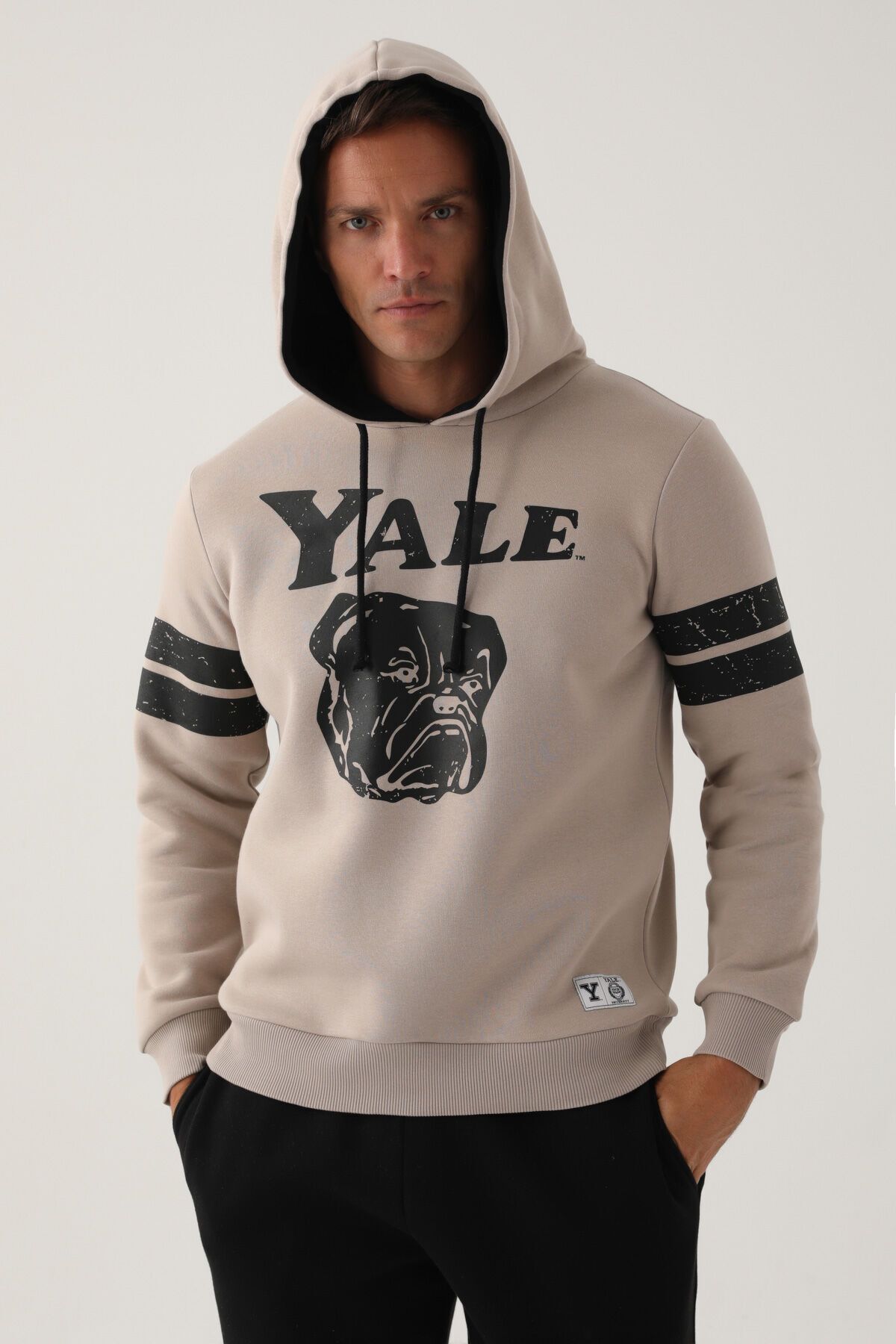 Yale-Ανδρικό φούτερ με λεπτομέρεια σε μπεζ μανίκι 2