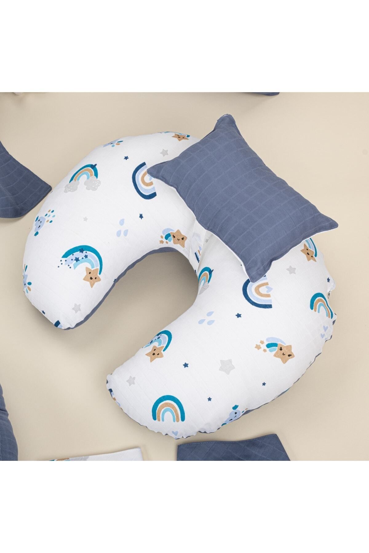 18 Parça Set - Indigo Müslin - Mavi Gökkuşağı Emzirme Yastığı Ve Önlüğü,puset Seti,babynest 8