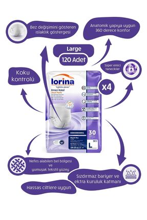 LORİNA Yetişkin Emici Külot Large 30'lu 4 Paket 120 Adet