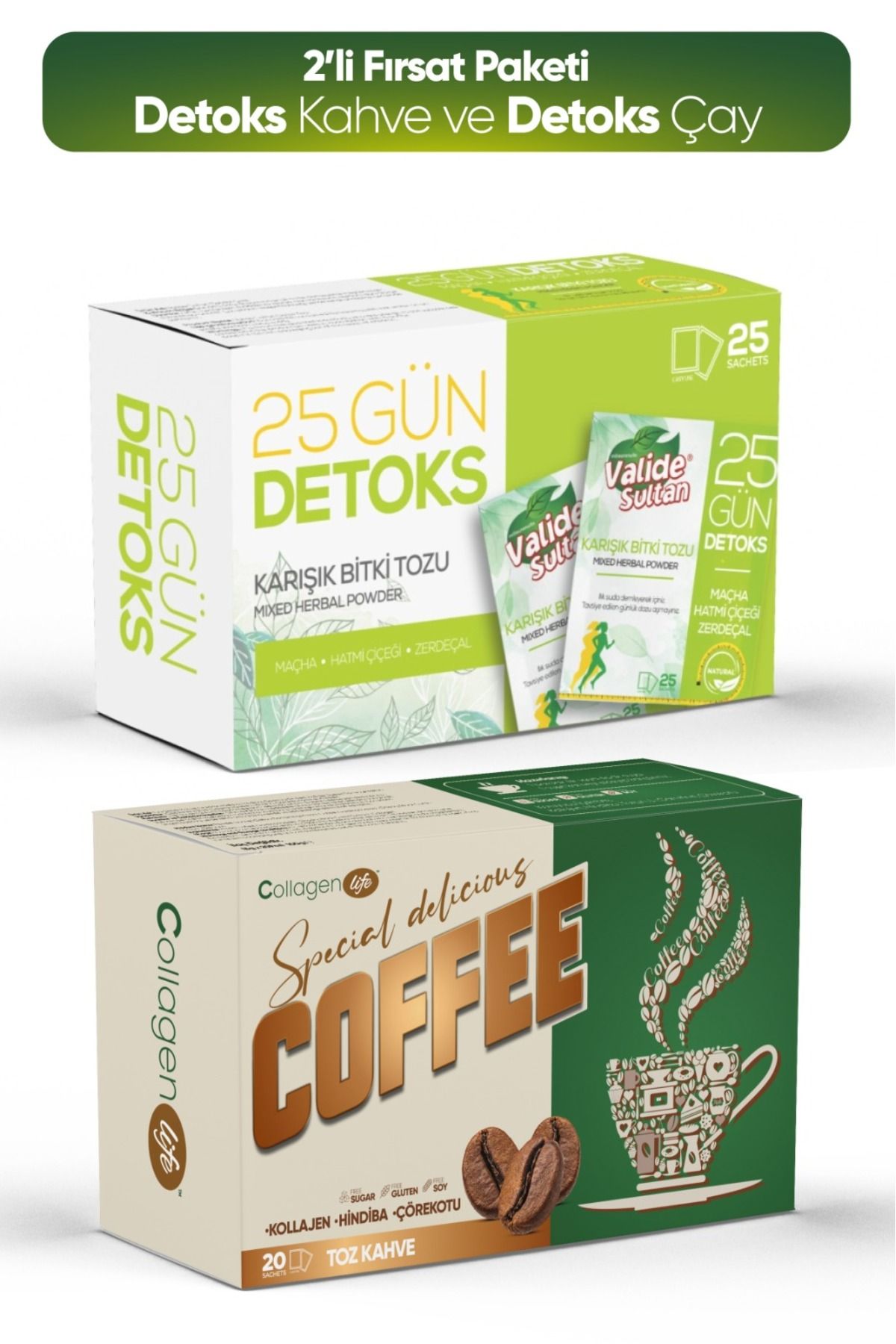 Collagen Life Hindiba, Kollajen, Garsinya Ve Çörek Otu Içeren Detox Kahve 20 & Detox Çayı Fırsat Seti CK1