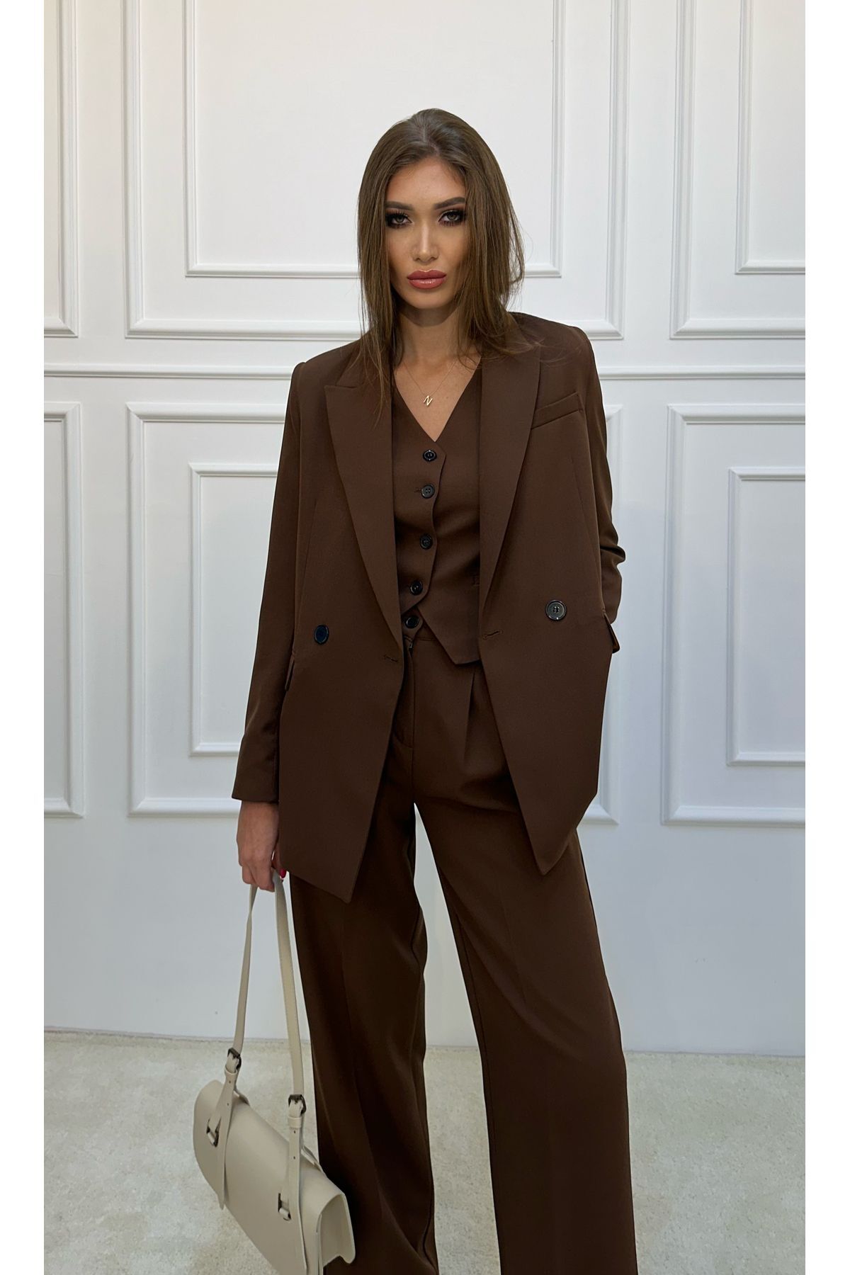 ossons Ceket Yelek Palazzo Pantolon 3 lü Takım Elbise