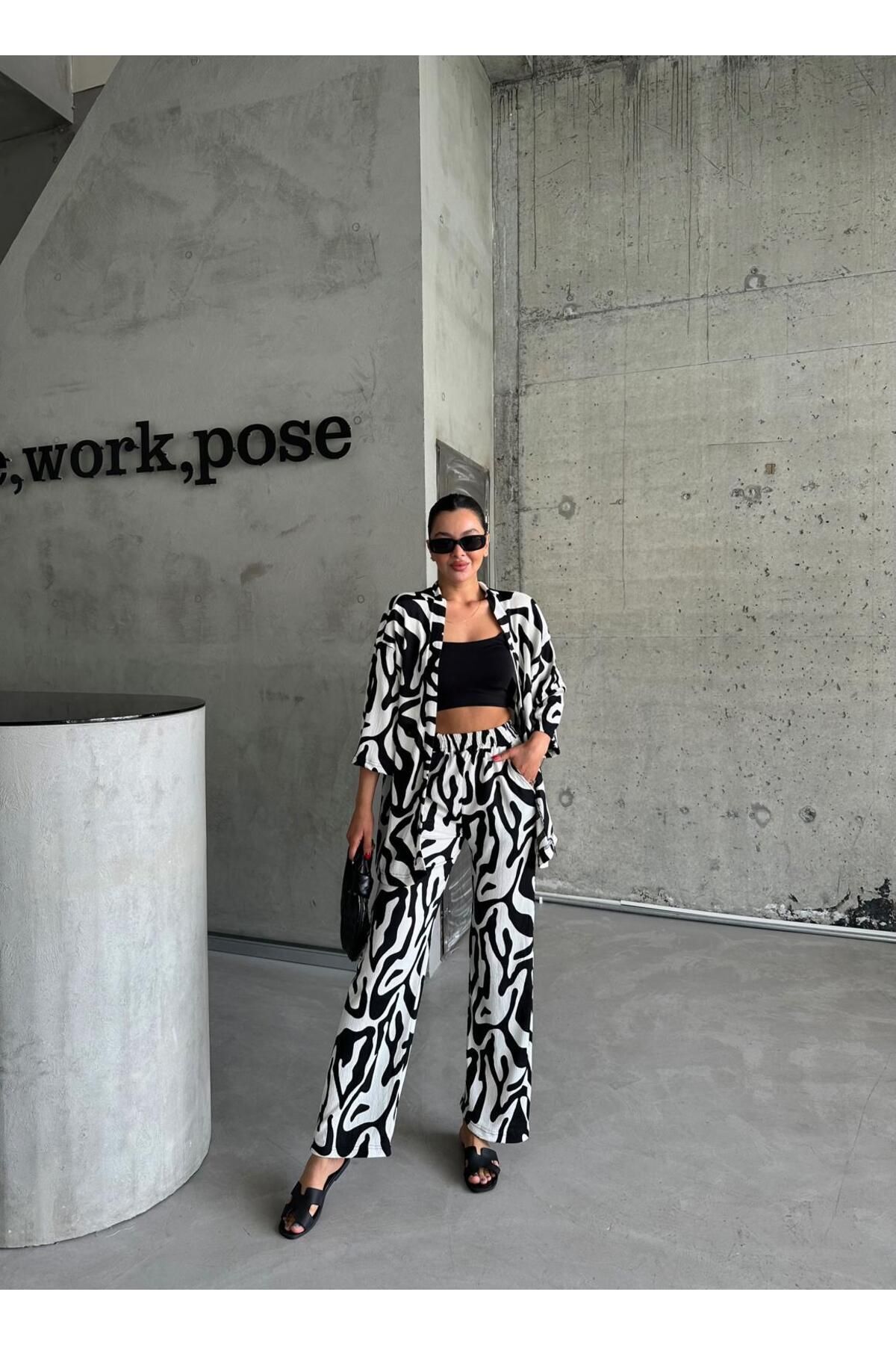 MODERNİZE Dámská BLACK & WHITE ZEBRA Off-Shoulder LONG PANT Set
