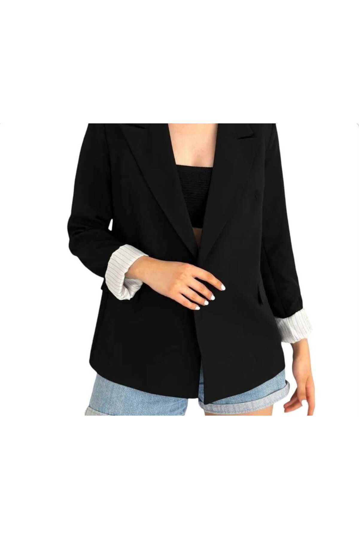 Kadın Blazer Düğmesiz Cepli Çizgili Astarlı Katlanılabilir Kol Blazer Ceket