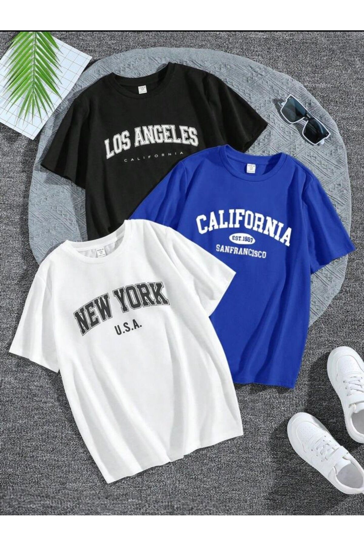 TRENDKOLİK Trend Selection - Üç Renk, Los Angeles, California, New York Baskılı, Oversize, Unisex T-shirt