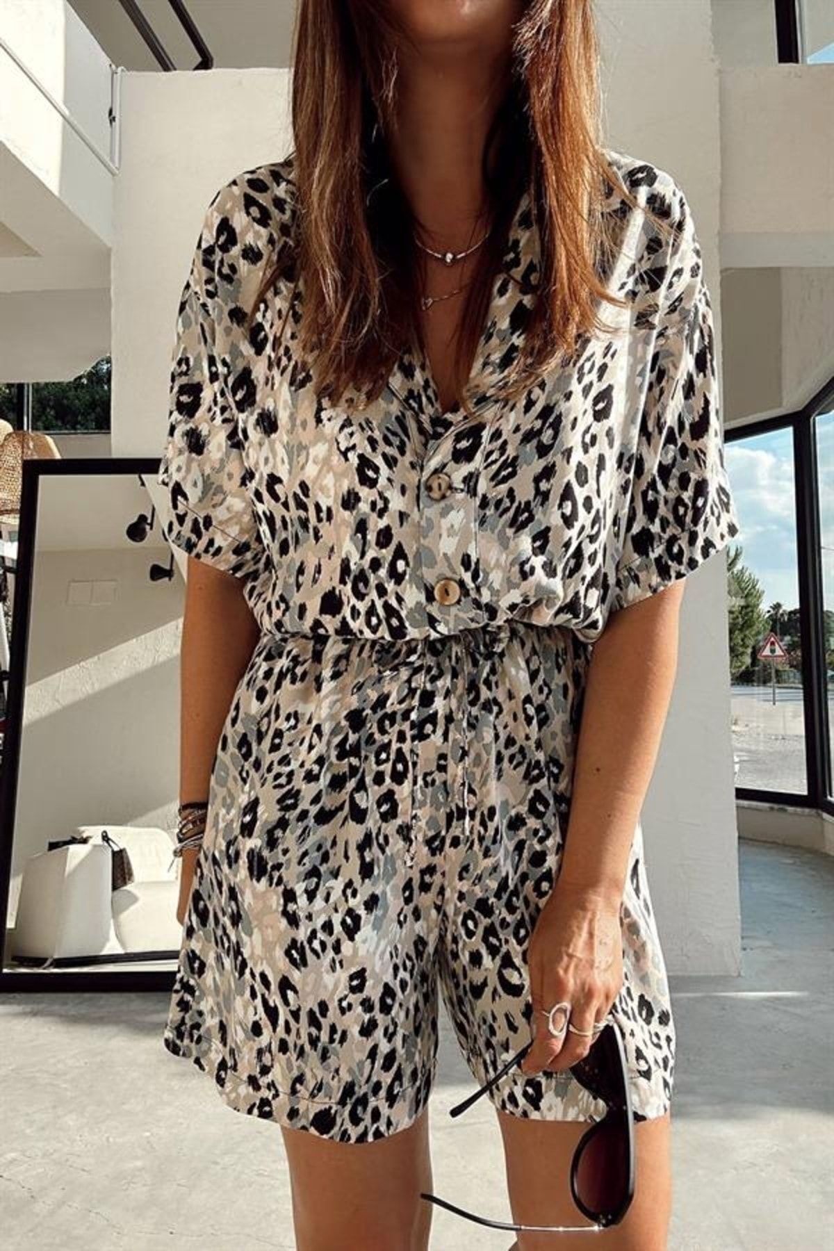 GAGATR Women s Leopard Print Shorts Jumpsuit Trendyol