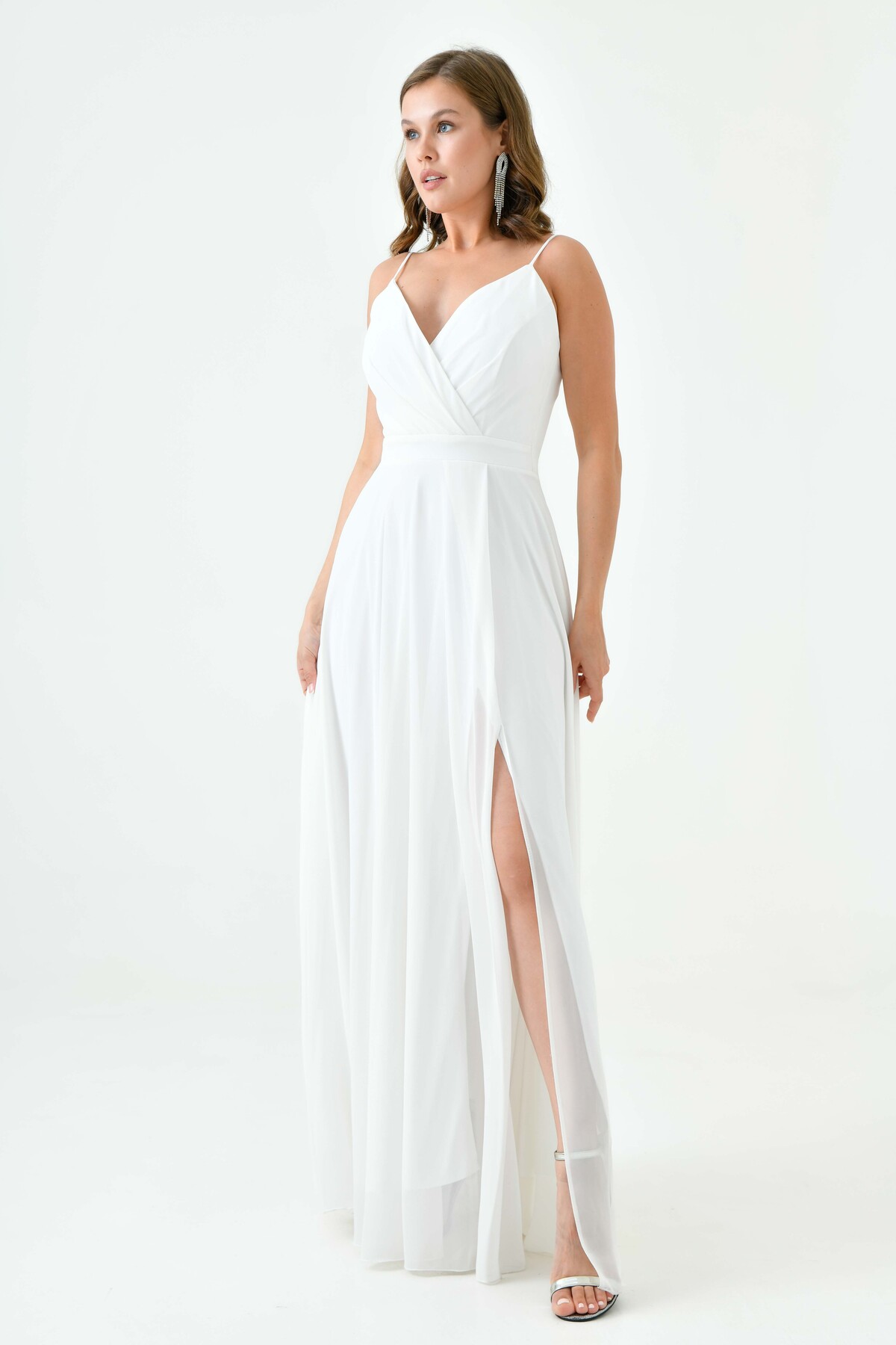 lovebox-Weißes Maxi-Abendkleid – Zweireihiger Kragen und Schlitz Chiffon 1524 7