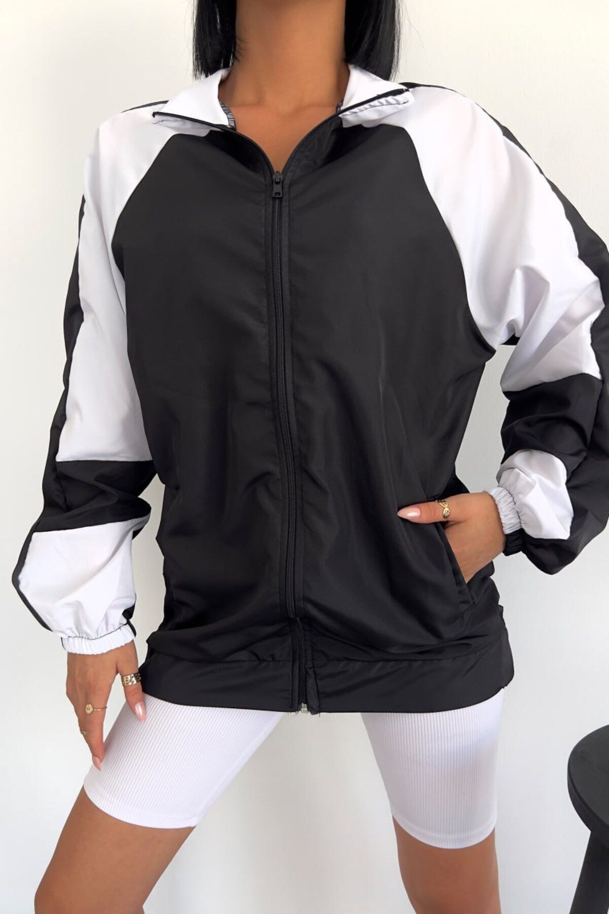Garne Parachute Jacket Windbreaker Unisex Black White — مشکی rz1 — تصویر 2 از 6