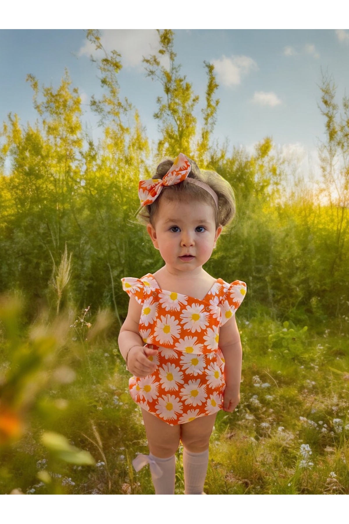 ست نوزادی دخترانه نارنجی BAHNUR | TURUNCU ÇİÇEKLİ ROMPER VE BANDANA اورجینال - تصویر 2