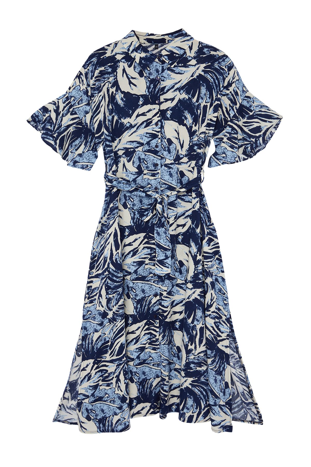 Trendyol Curve-Rochie țesătă cu model frunze albastre tropicale - cu fantă 6