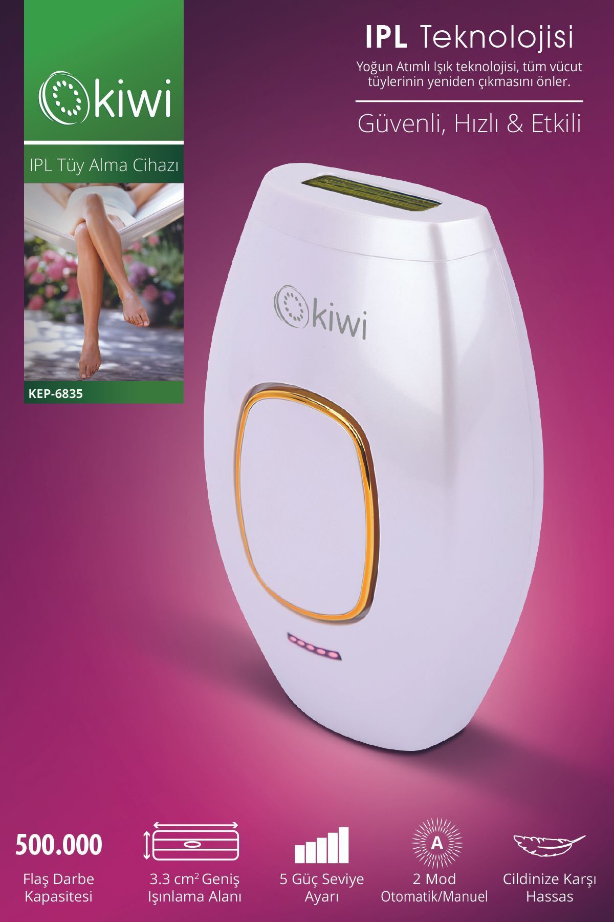 Kiwi Ipl  Lazer Epilasyon Tüy Alma Cihazı Otomatik Yüz,vücut,hassas Bölge Kullanımı 500.000 Atım 6835