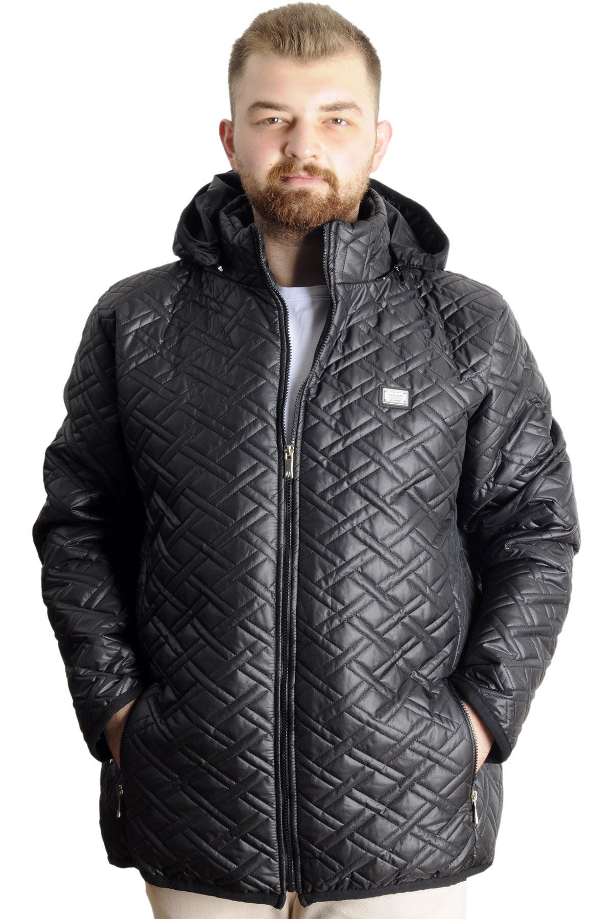 Mode XL Büyük Beden Erkek Kapüşonlu Mont Kapitone 23638 Siyah