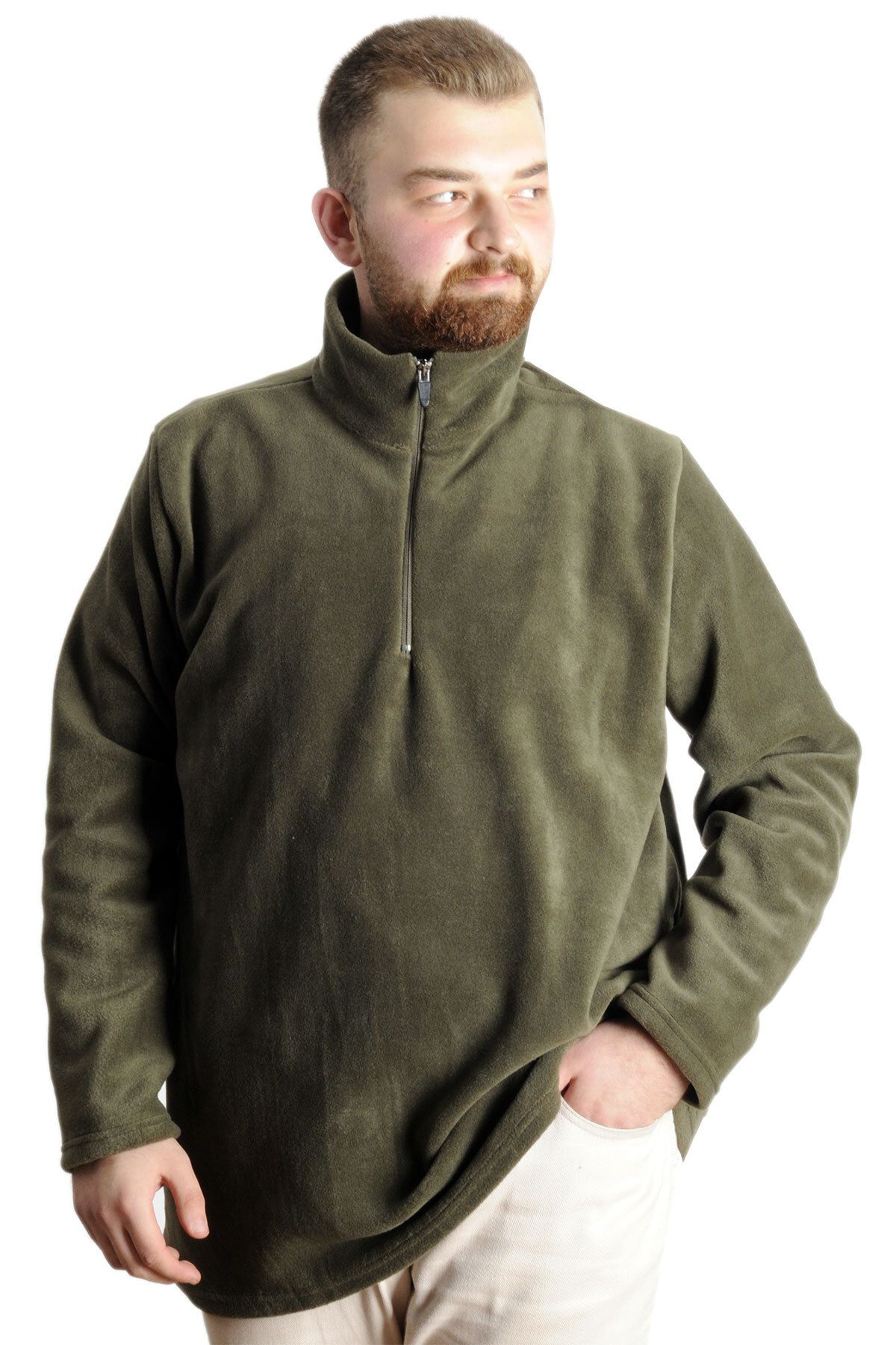 Mode XL Erkek Sweat Polo Yaka Yarım Fermuarlı Polar 22548 Haki