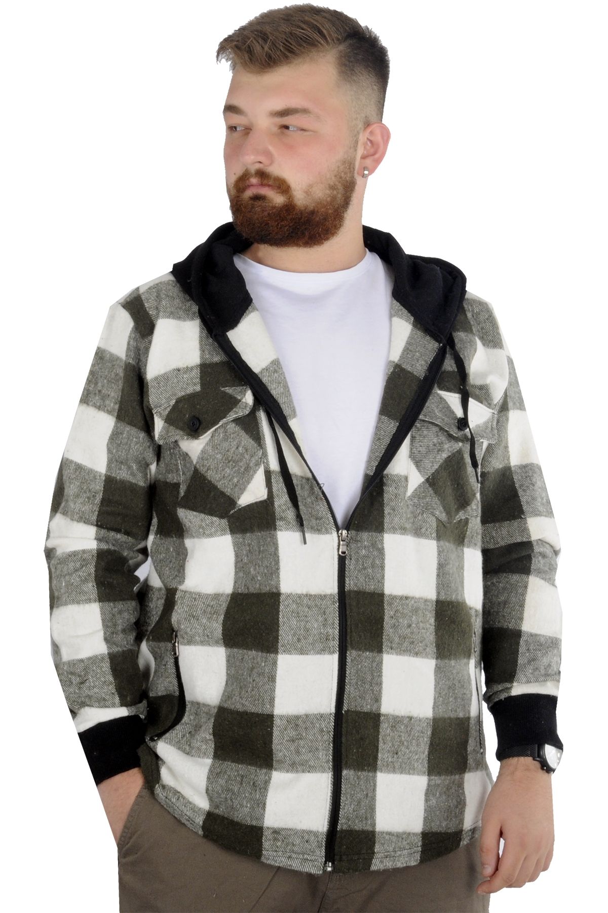Mode Xl Erkek Sweat Fermuarlı Kapşonlu Kapak Cep Oduncu 21572 Haki