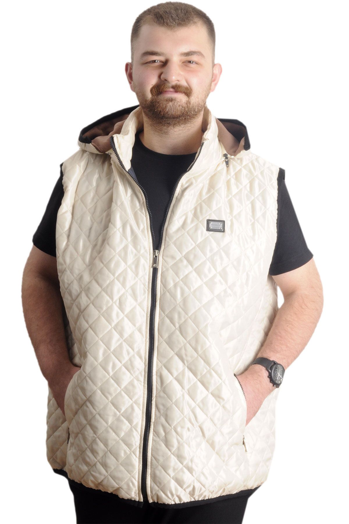 ModeXL Mode XL Büyük Beden Erkek Kapitone Yelek Kapüşonlu 23712 Bej