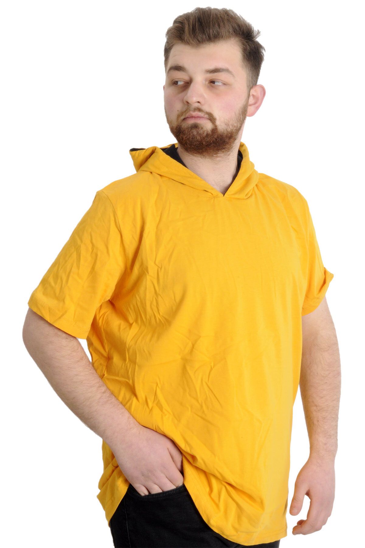 ModeXL-تي شيرت رجالي مقاس كبير من Mode Xl بقلنسوة وأكمام قصيرة 23118 الخردل 2