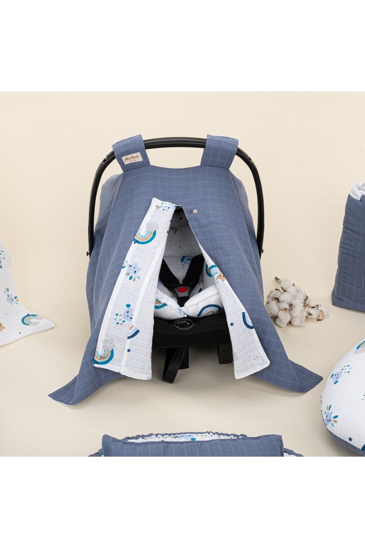 Yunikobaby 18 Parça Set - Indigo Müslin - Mavi Gökkuşağı Emzirme Yastığı Ve Önlüğü,puset Seti,babynest fotoğrafı 3 (önizleme)