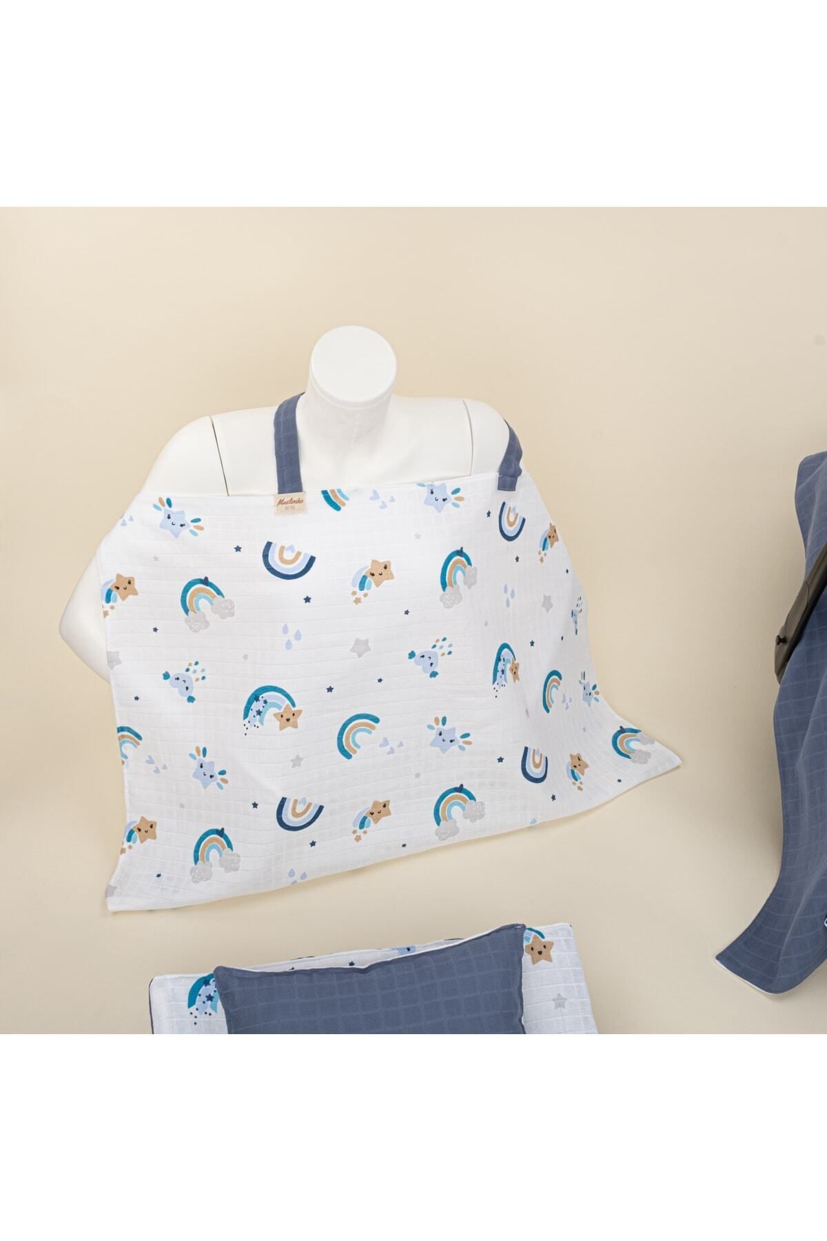 Yunikobaby 18 Parça Set - Indigo Müslin - Mavi Gökkuşağı Emzirme Yastığı Ve Önlüğü,puset Seti,babynest fotoğrafı 2 (önizleme)