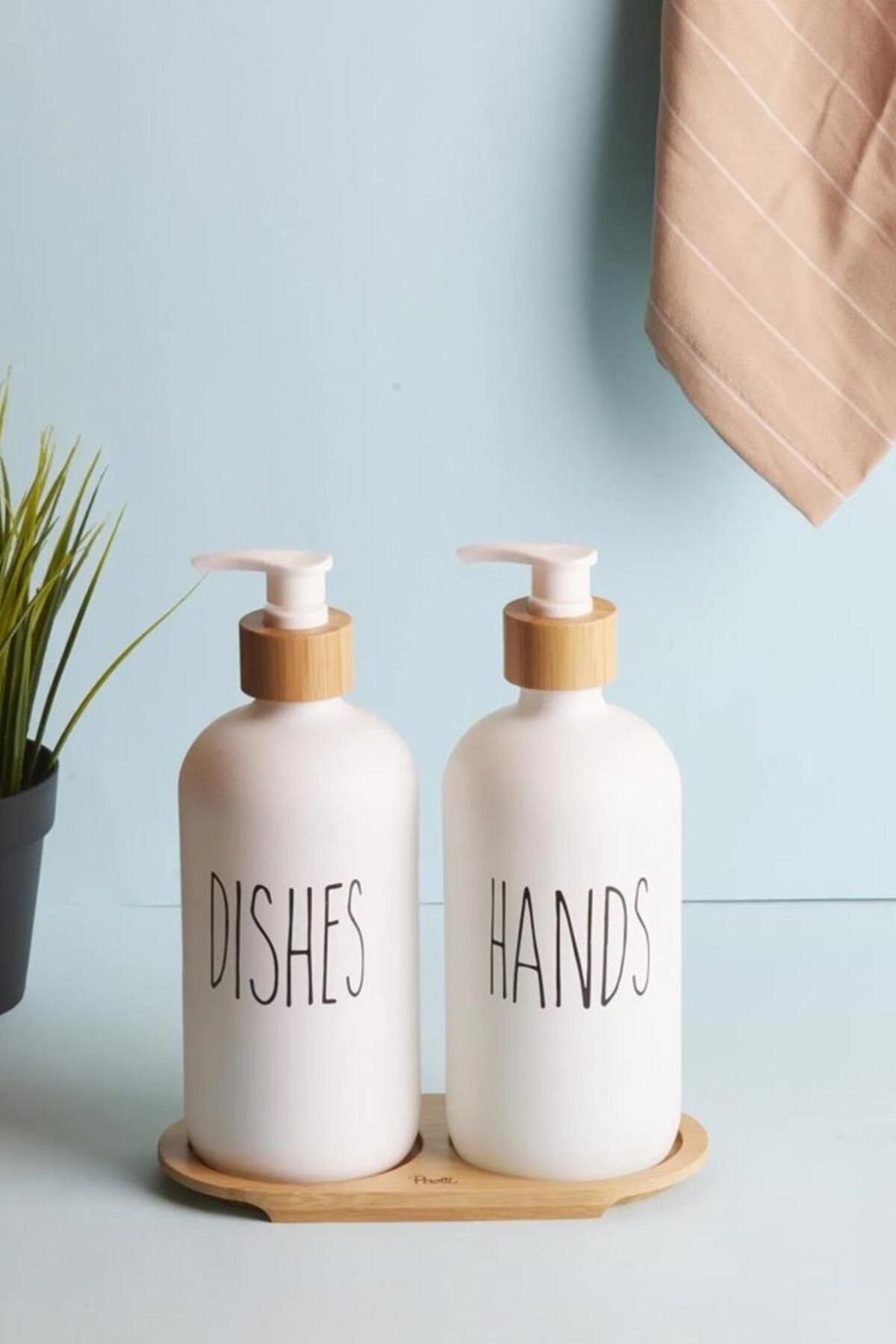 Lotion 2’li Beyaz Mutfak Sıvı Sabunluk Seti 500ml+500ml Bambu Tepsili