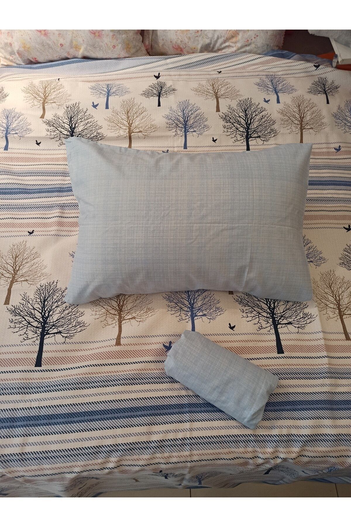 ŞENER HOME-New Tree of Life Patterned Bed Sheet with Elastic Double Pique Set - Blue 3