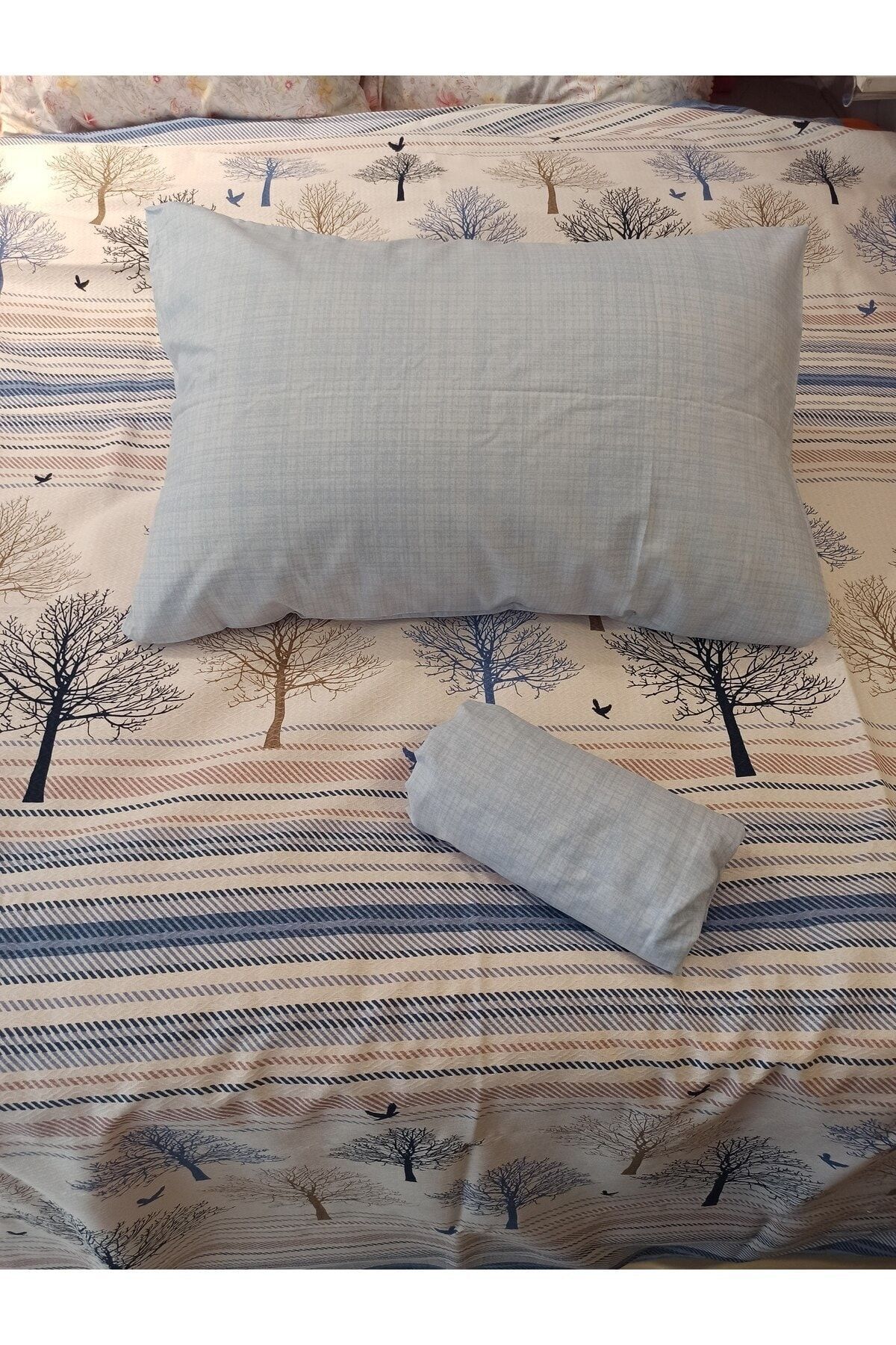 ŞENER HOME-New Tree of Life Patterned Bed Sheet with Elastic Double Pique Set - Blue 2