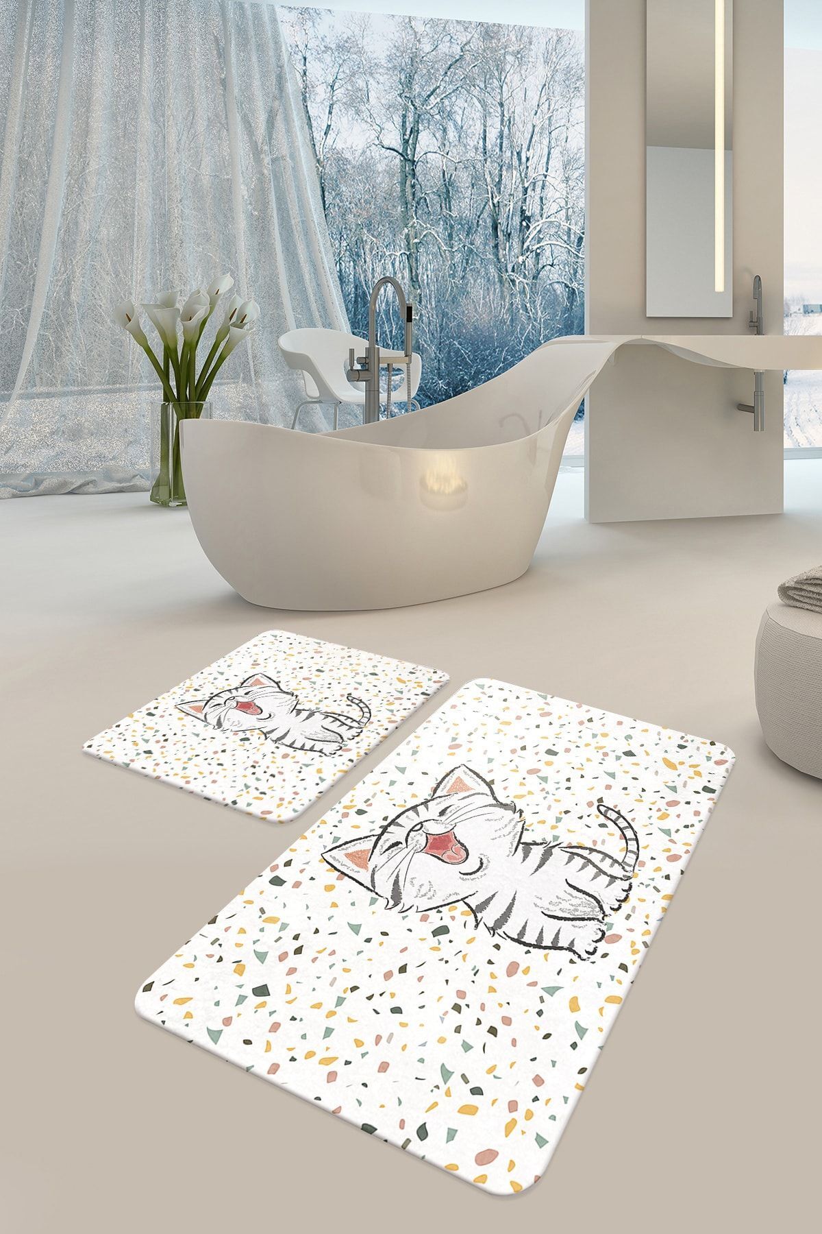 Decorative Digital Printed 2 Pieces Set Bath Mat Non-Slip Base Toilet Set