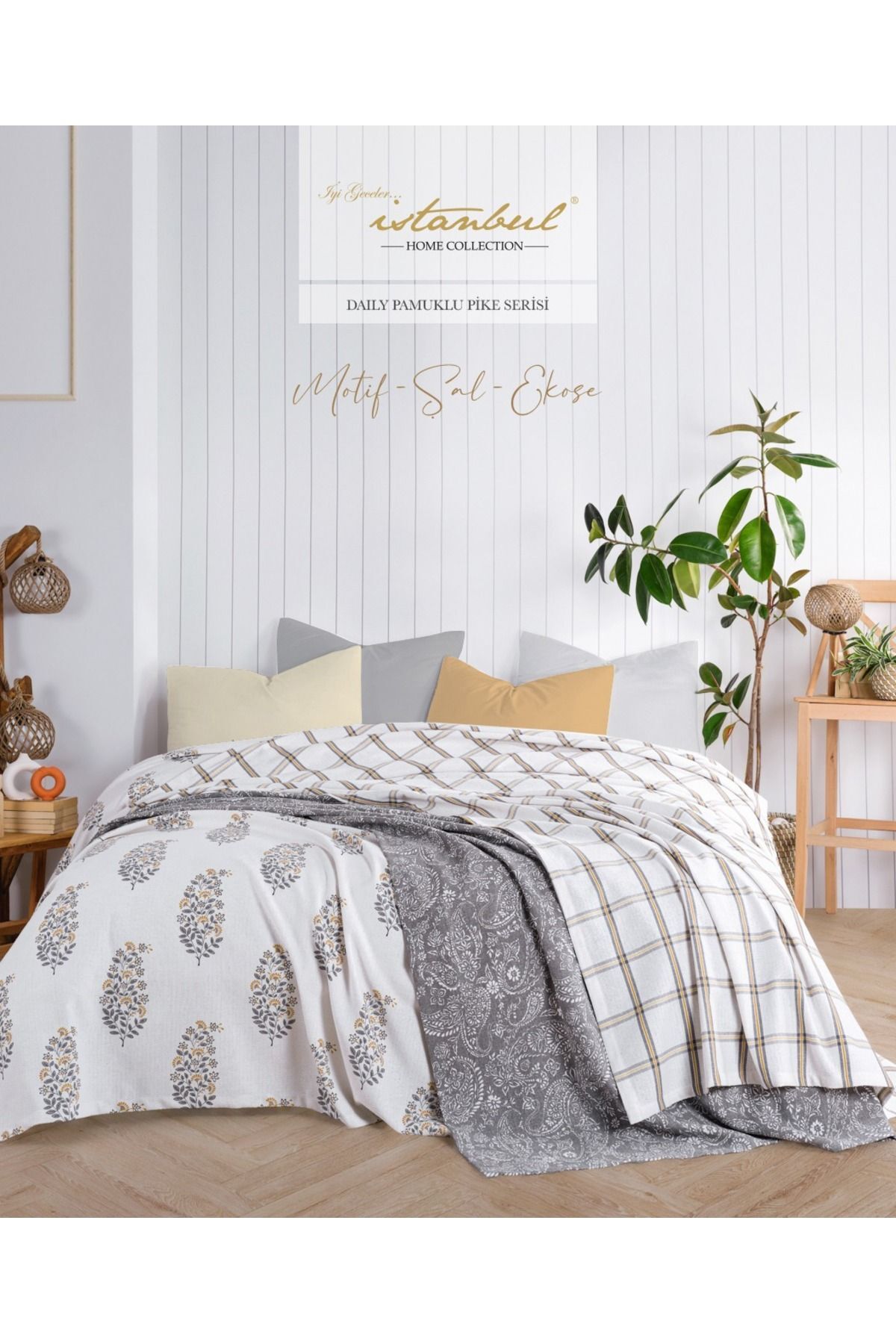 İyi Geceler İstanbul %100 PAMUKLU BASKILI ÇİFT KİŞİLİK TEK PİKE EKOSE  SARI 200X240 2