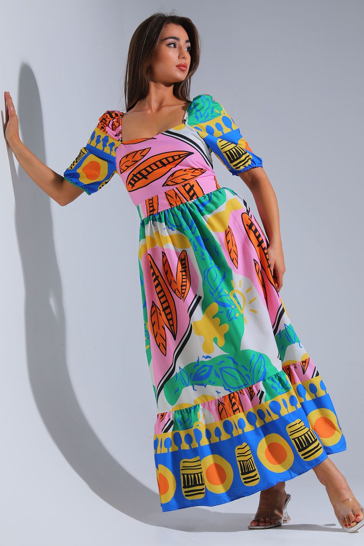 julude Kolorowa damska sukienka z kwadratowym kołnierzykiem, letnia, popelina