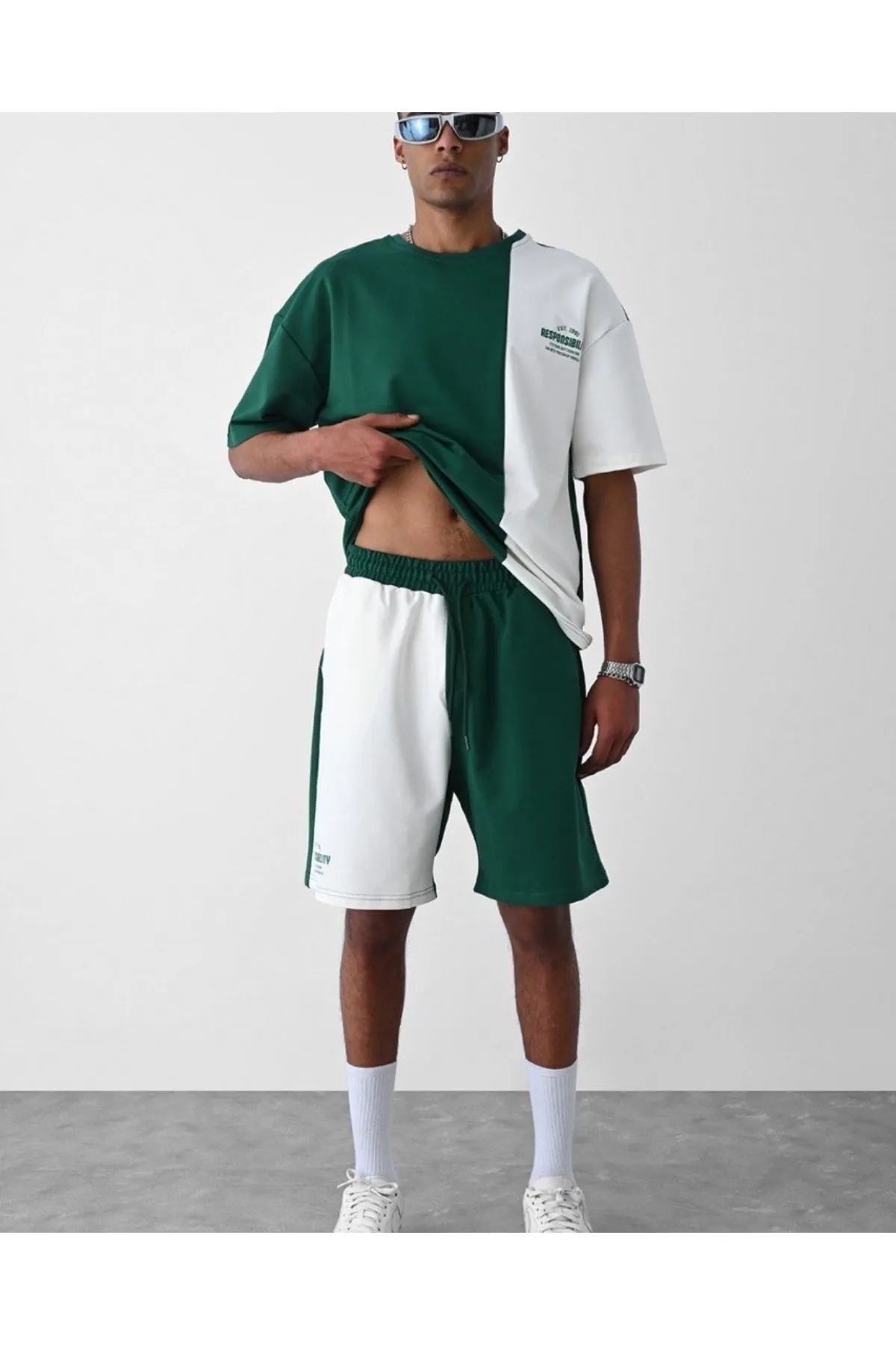 npLStore Set De Vară Cu Pantaloni Scurți Cu Imprimeu Alb Verde Masculin - S