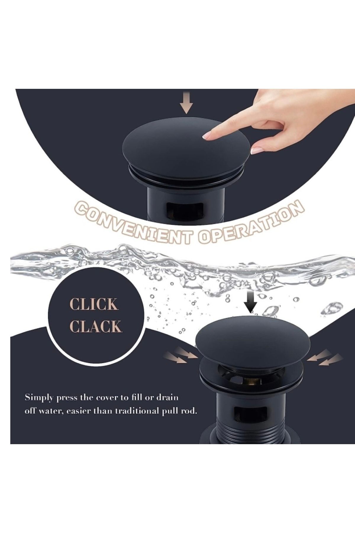 İSAOĞLU YAPI-Black Sink Drain Matte Black Sink Strainer Push and Release System Brass Material 1