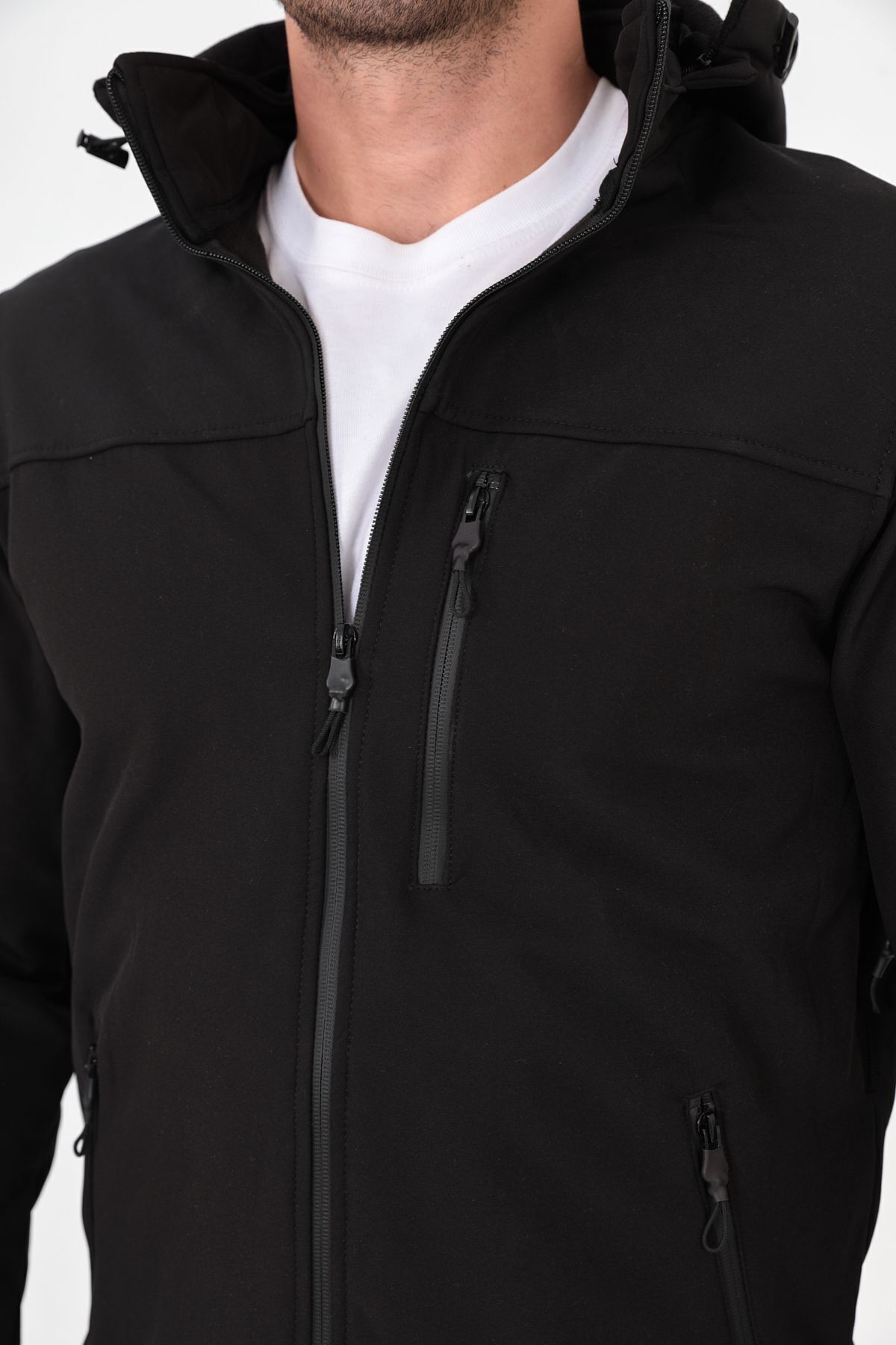 Camp457 Outdoor Softshell Su Ve Rüzgara Dayanıklı Içi Polar Seyyar Kapüşonlu Erkek Siyah Taktik Mont — مشکی camp457 — تصویر 5 از 8