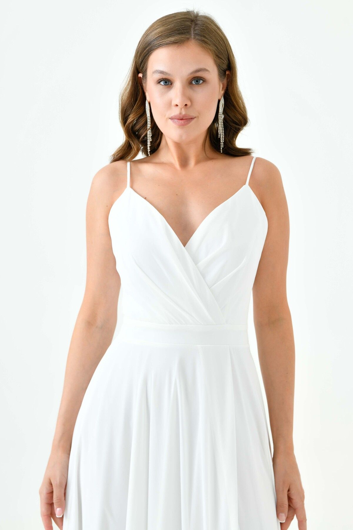 lovebox-Weißes Maxi-Abendkleid – Zweireihiger Kragen und Schlitz Chiffon 1524 2