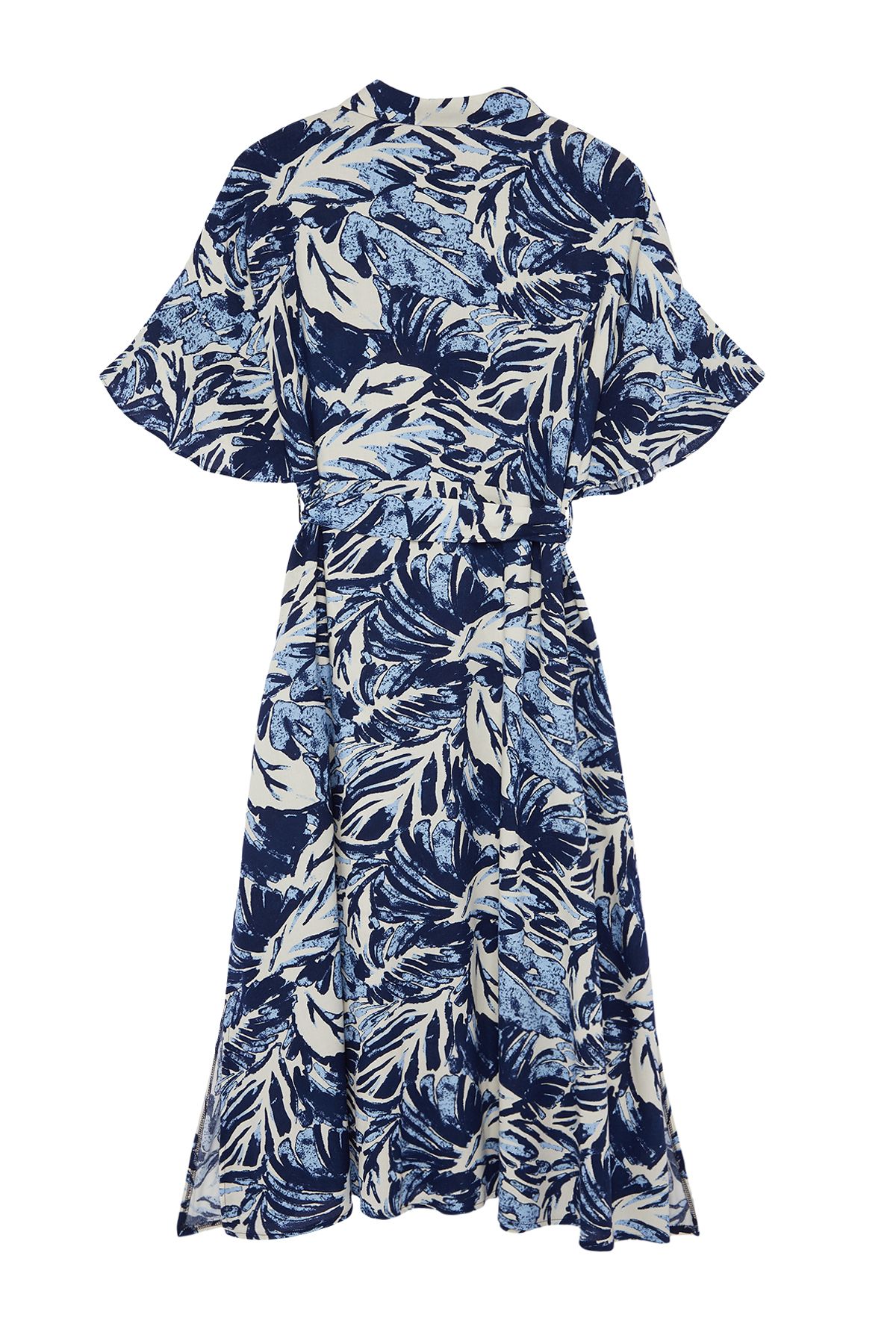 Trendyol Curve-Rochie țesătă cu model frunze albastre tropicale - cu fantă 7