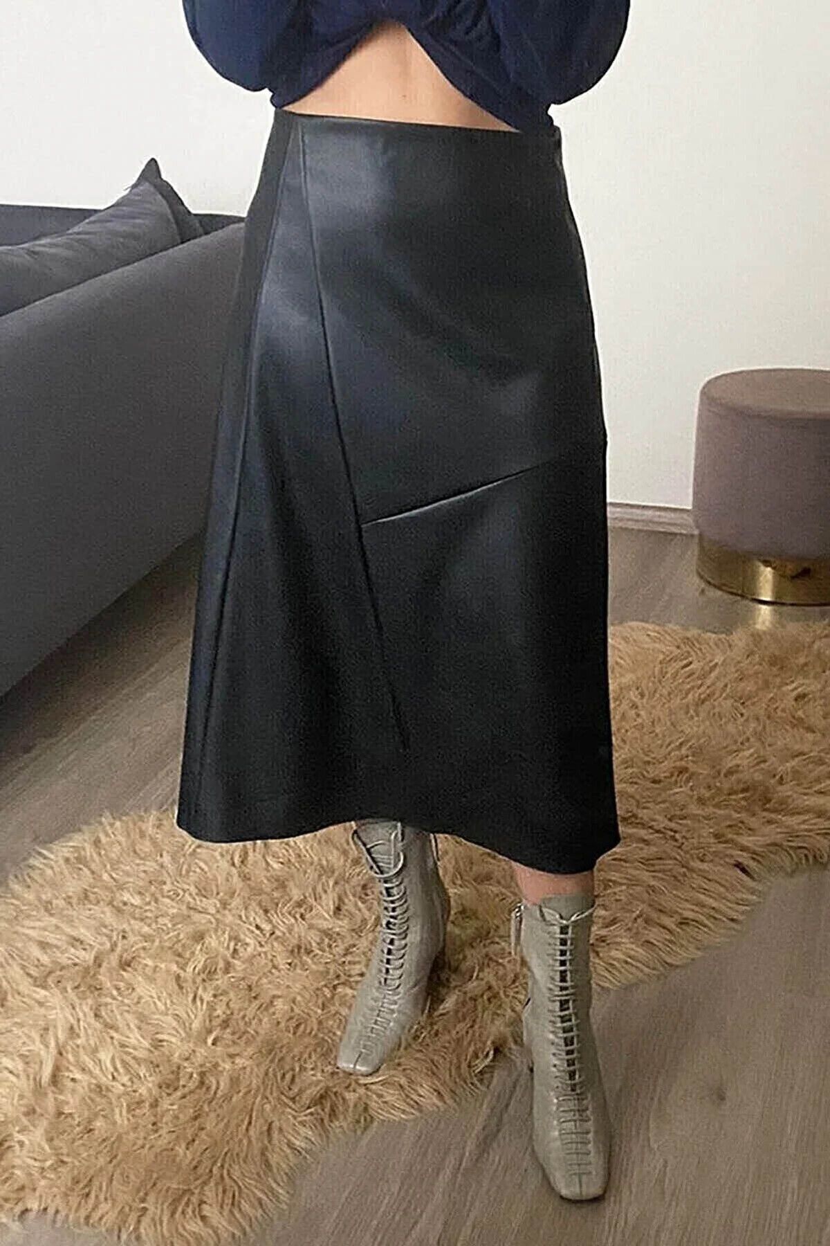 swarıus jupe en cuir pour femmes avec détails de couture asymétriques noir