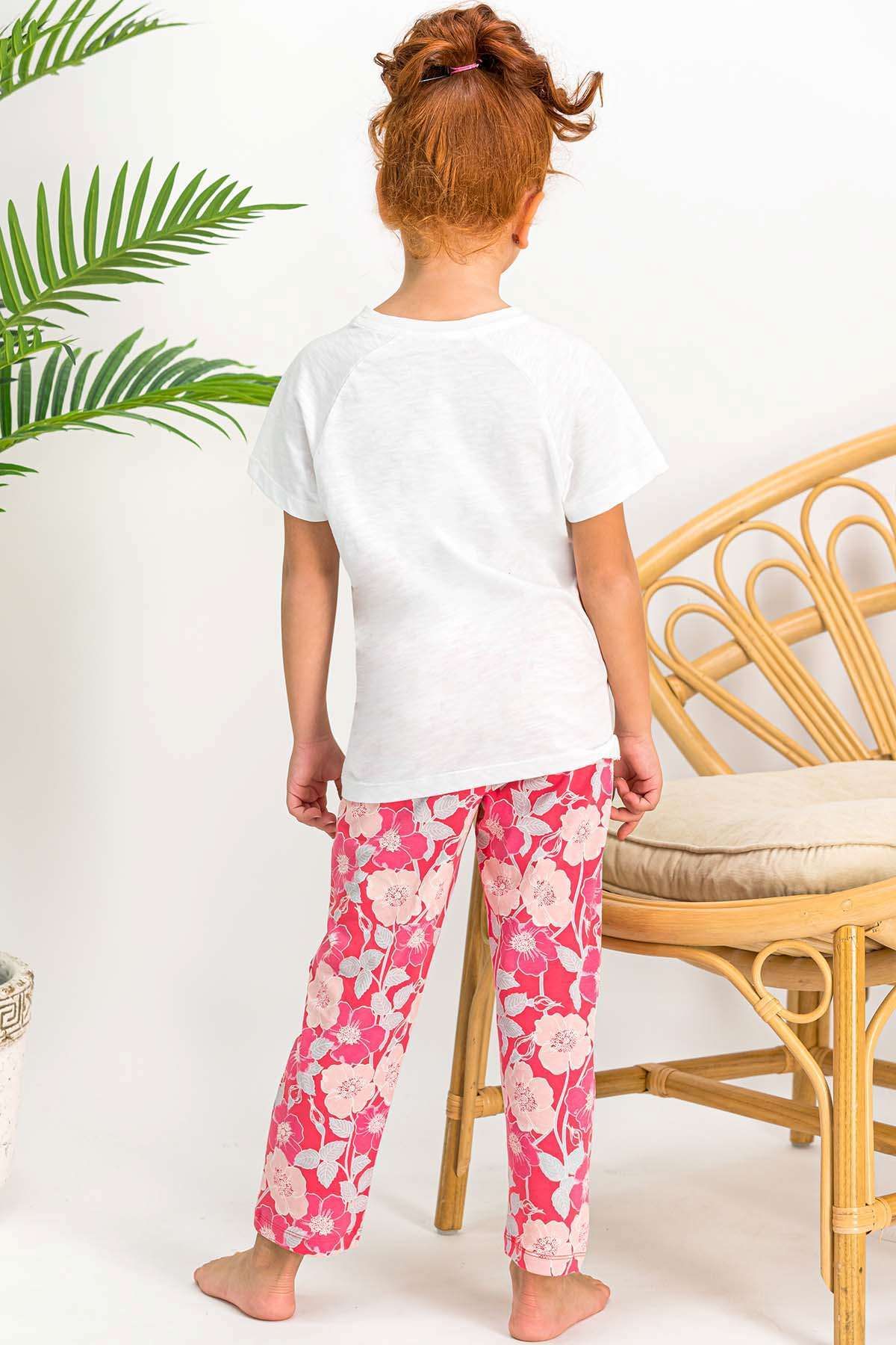 Arnetta-Set pijamale cu maneca scurta brodata roz violet crem pentru fetita 3