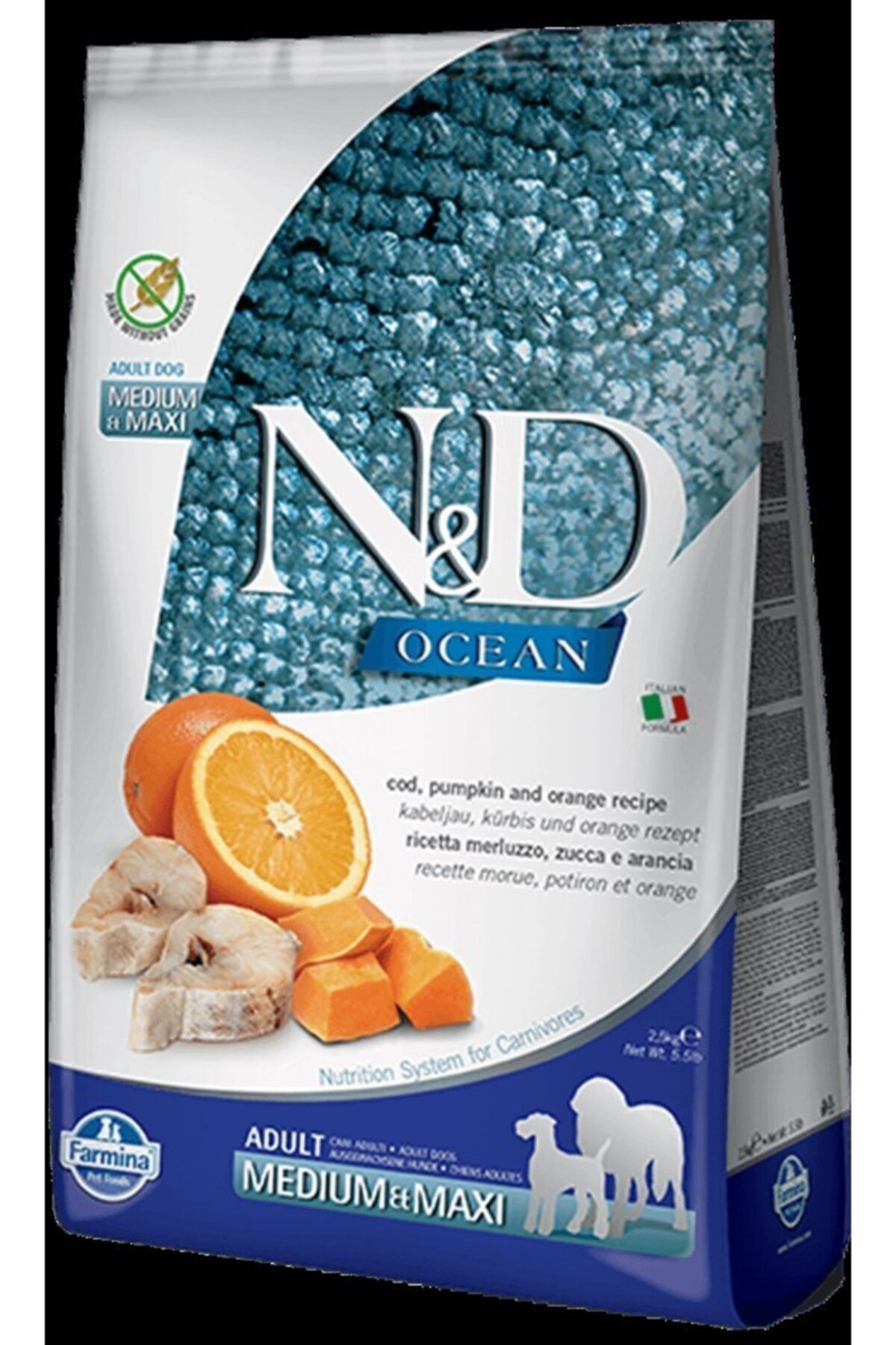 N & D Ocean Tahılsız Ringa Balık Portakallı Medium Maxı Yetişkin Köpek Maması 12 Kg 8010276020291