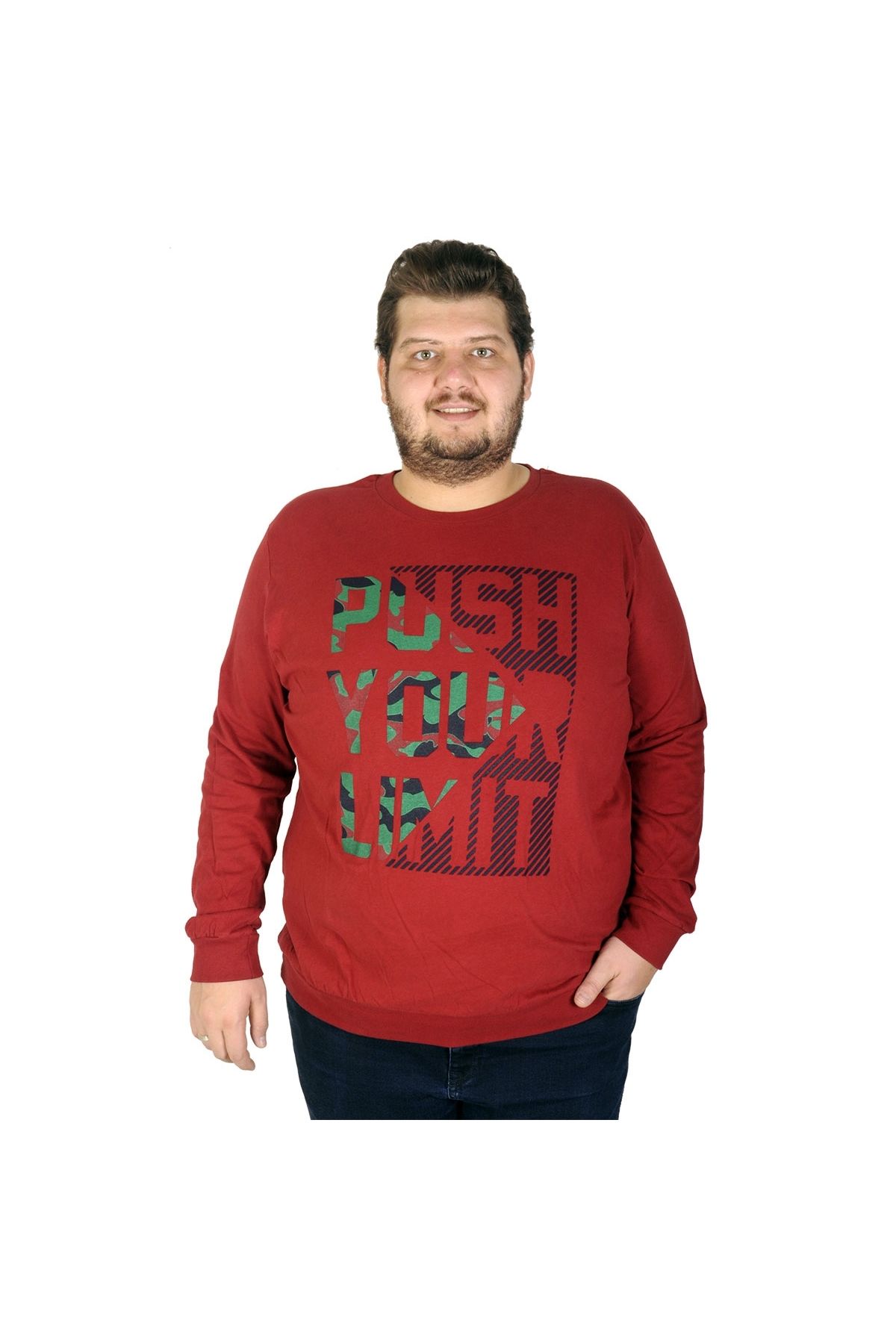 Mode Xl Büyük Beden Erkek Sweatshirt Push Your Limit 19134 Bordo