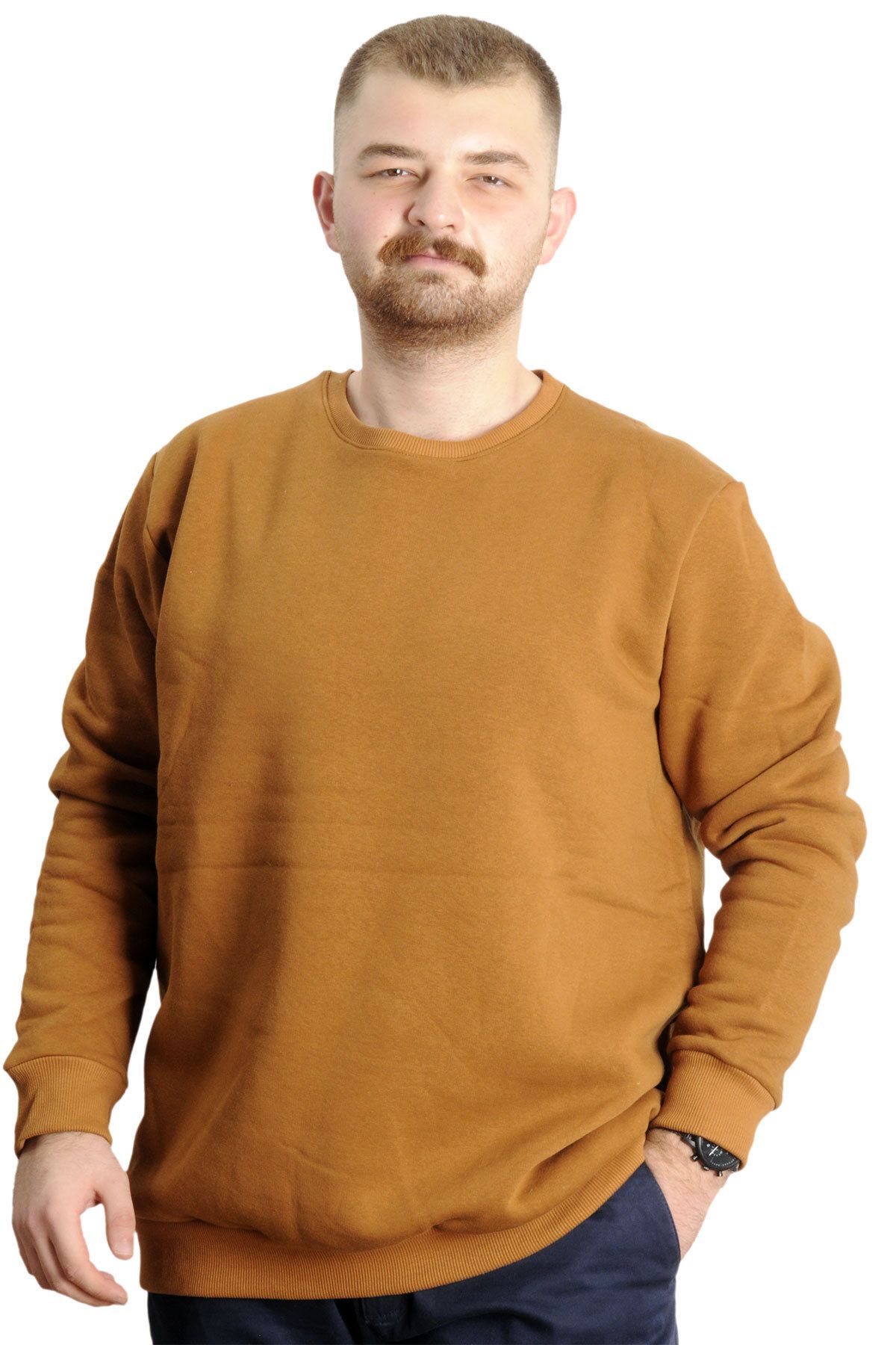 Mode XL Büyük Beden Erkek Sweatshirt Basic Bisiklet Yaka 20131 Camel