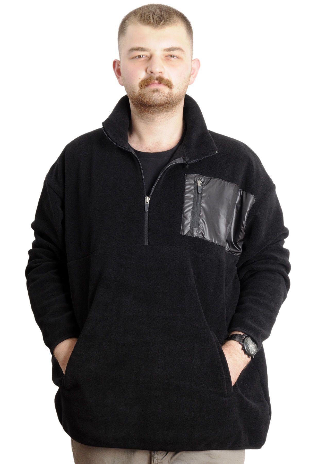 Mode XL Büyük Beden Erkek Sweat Yarım Fermuarlı Garnili Polar 23552 Siyah