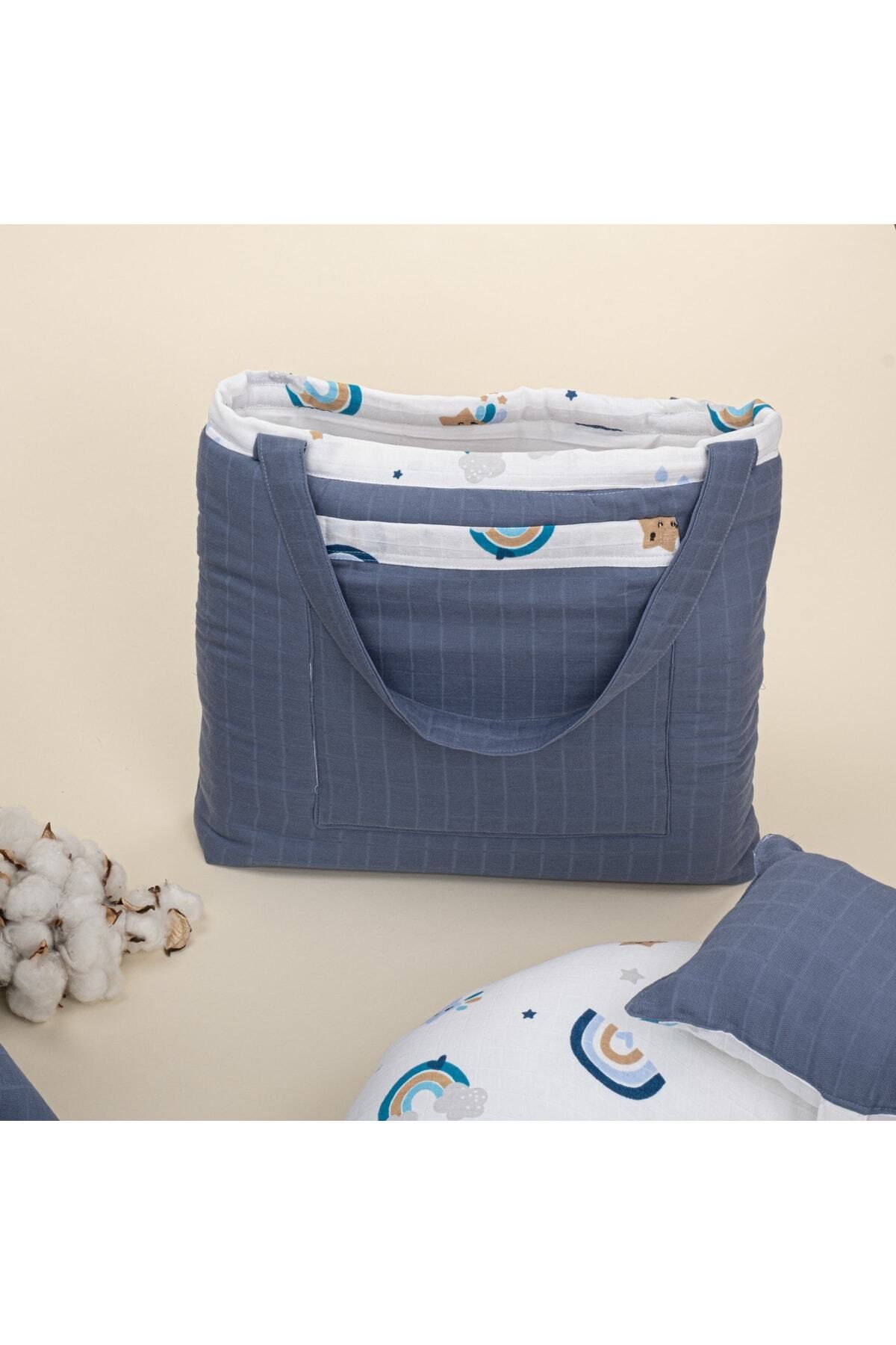 Yunikobaby 18 Parça Set - Indigo Müslin - Mavi Gökkuşağı Emzirme Yastığı Ve Önlüğü,puset Seti,babynest fotoğrafı 4 (önizleme)