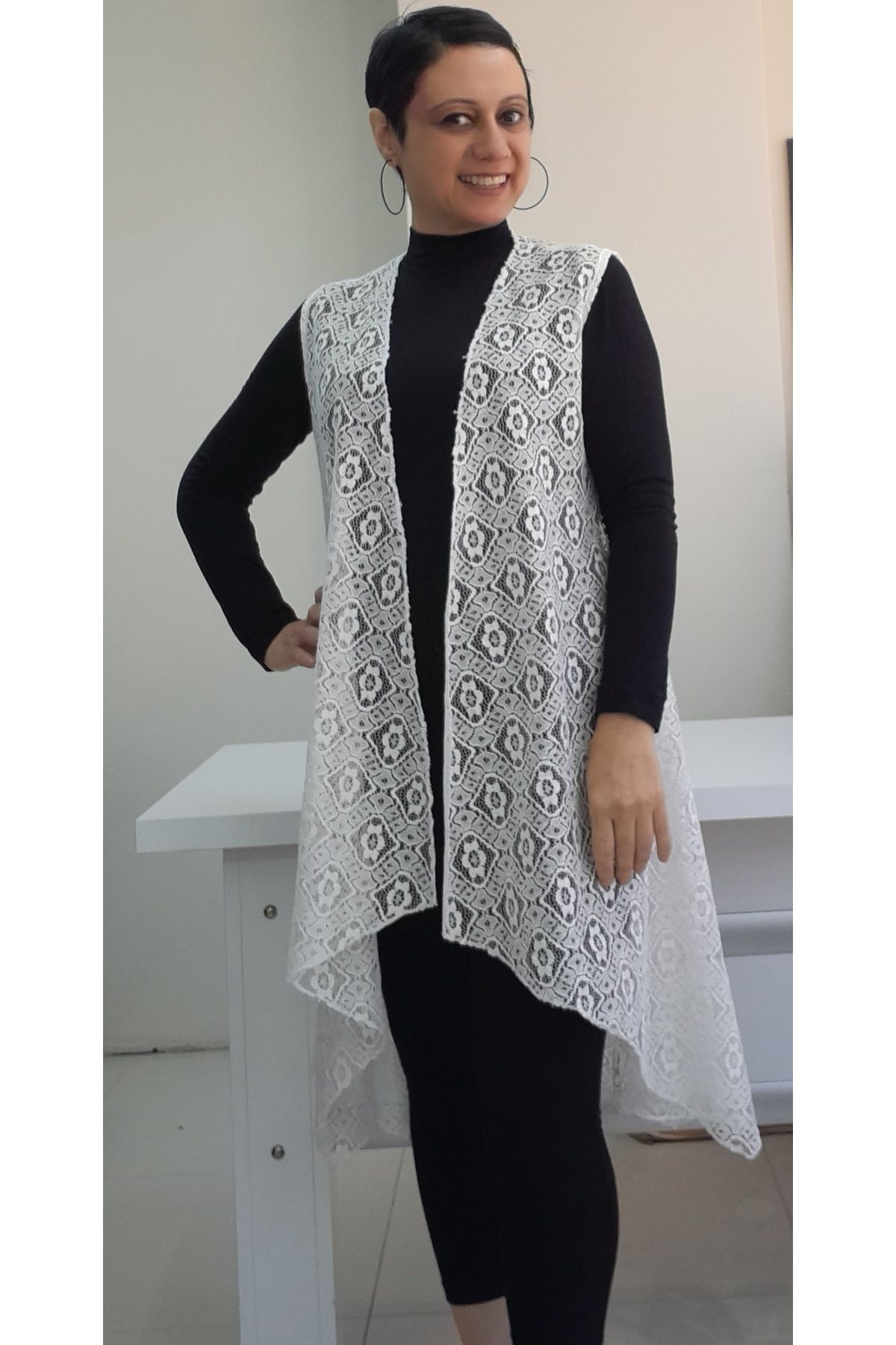 Mertcan Butik-سترة دانتيل بيضاء - طوق شال كاجوال مكسور 1