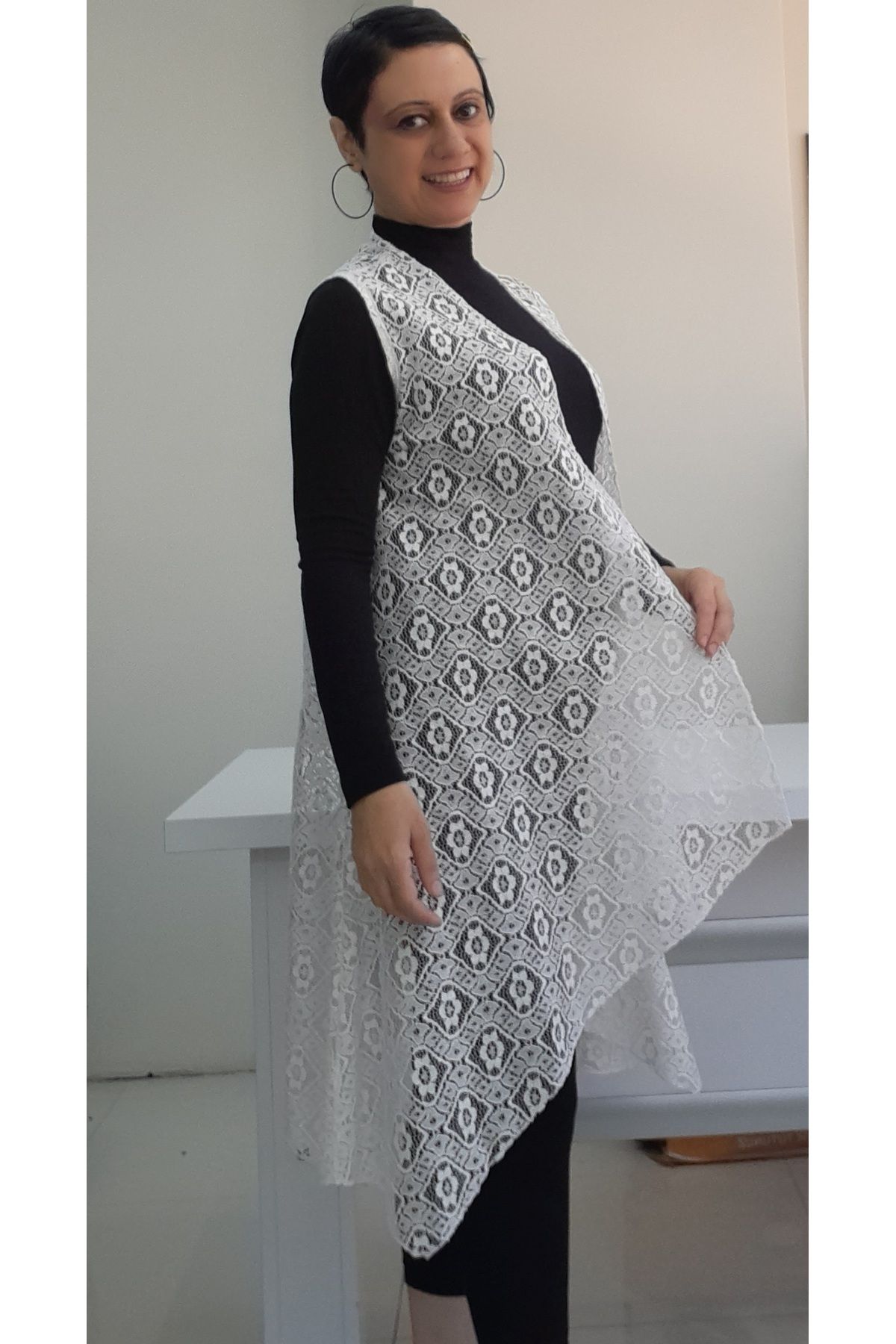 Mertcan Butik-سترة دانتيل بيضاء - طوق شال كاجوال مكسور 4
