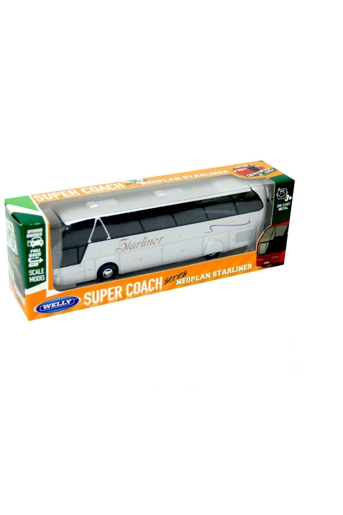 Autobús Neoplan Starliner A Escala 1/64 De Welly – Modelo Metálico Plateado De 18 Cm, Puertas Abatibles