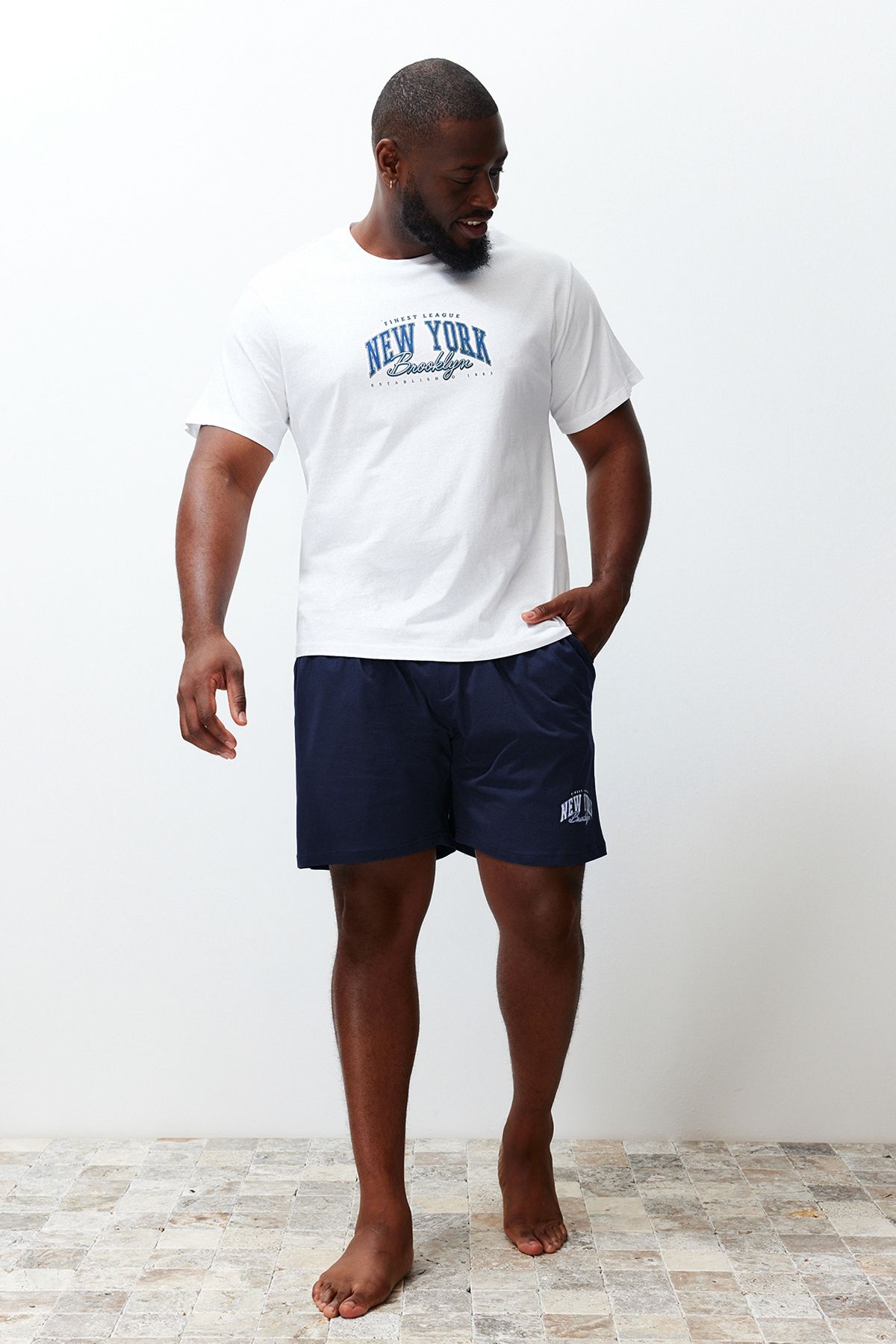 Trendyol Collection-Ecru Navy Blue Regular Fit Printed Plus Size Pajama Set with Shorts TMNSS24AI00005 6
