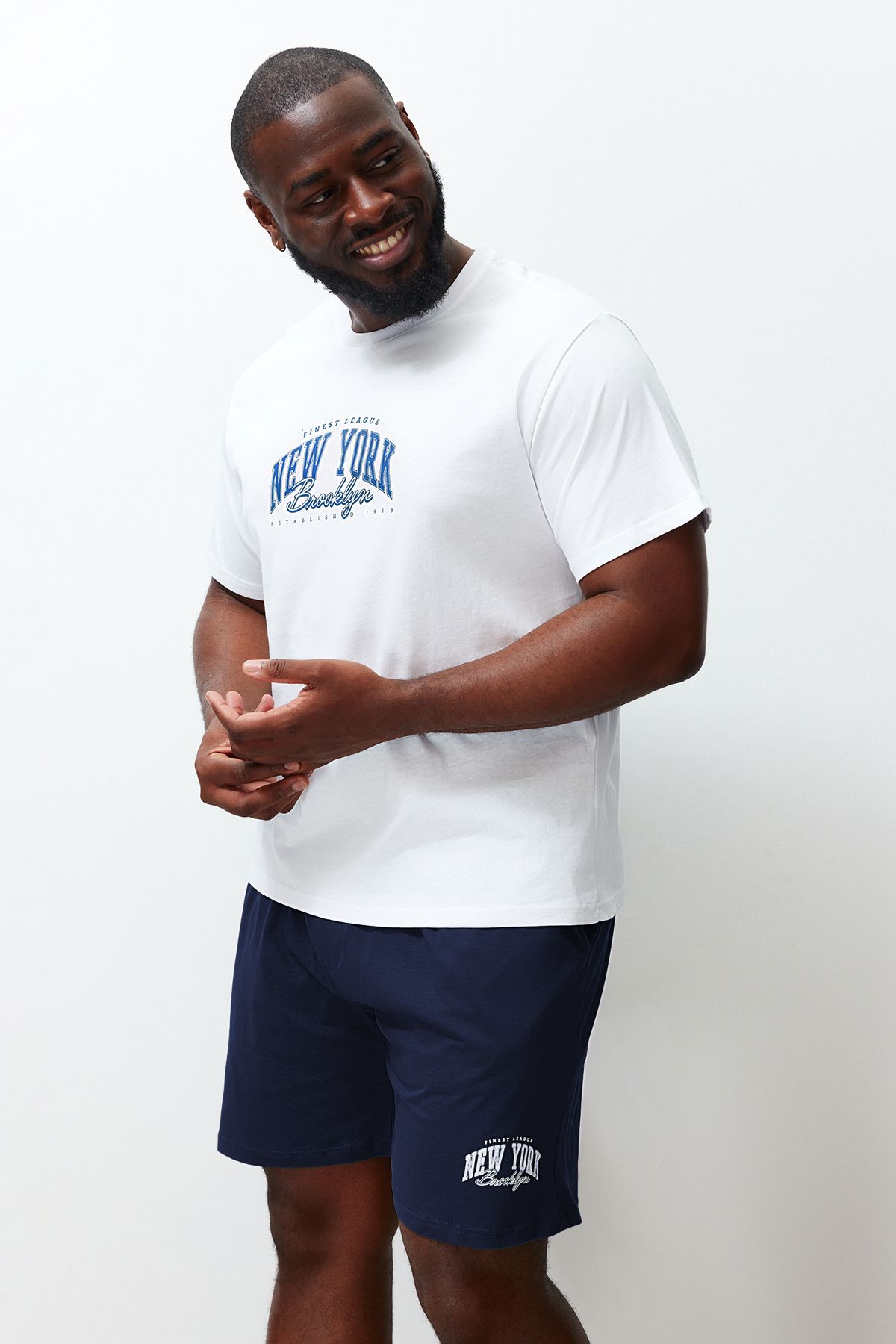 Trendyol Collection-Ecru Navy Blue Regular Fit Printed Plus Size Pajama Set with Shorts TMNSS24AI00005 4